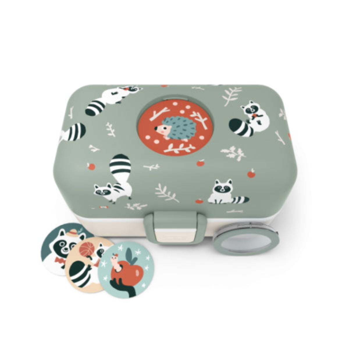 Monbento Tresor Racoon– lunchbox dla dzieci z 3 pojemnikami. Lekki, szczelny i łatwy w otwieraniu. Idealny do szkoły, na wycieczkę i piknik, wzór: szop