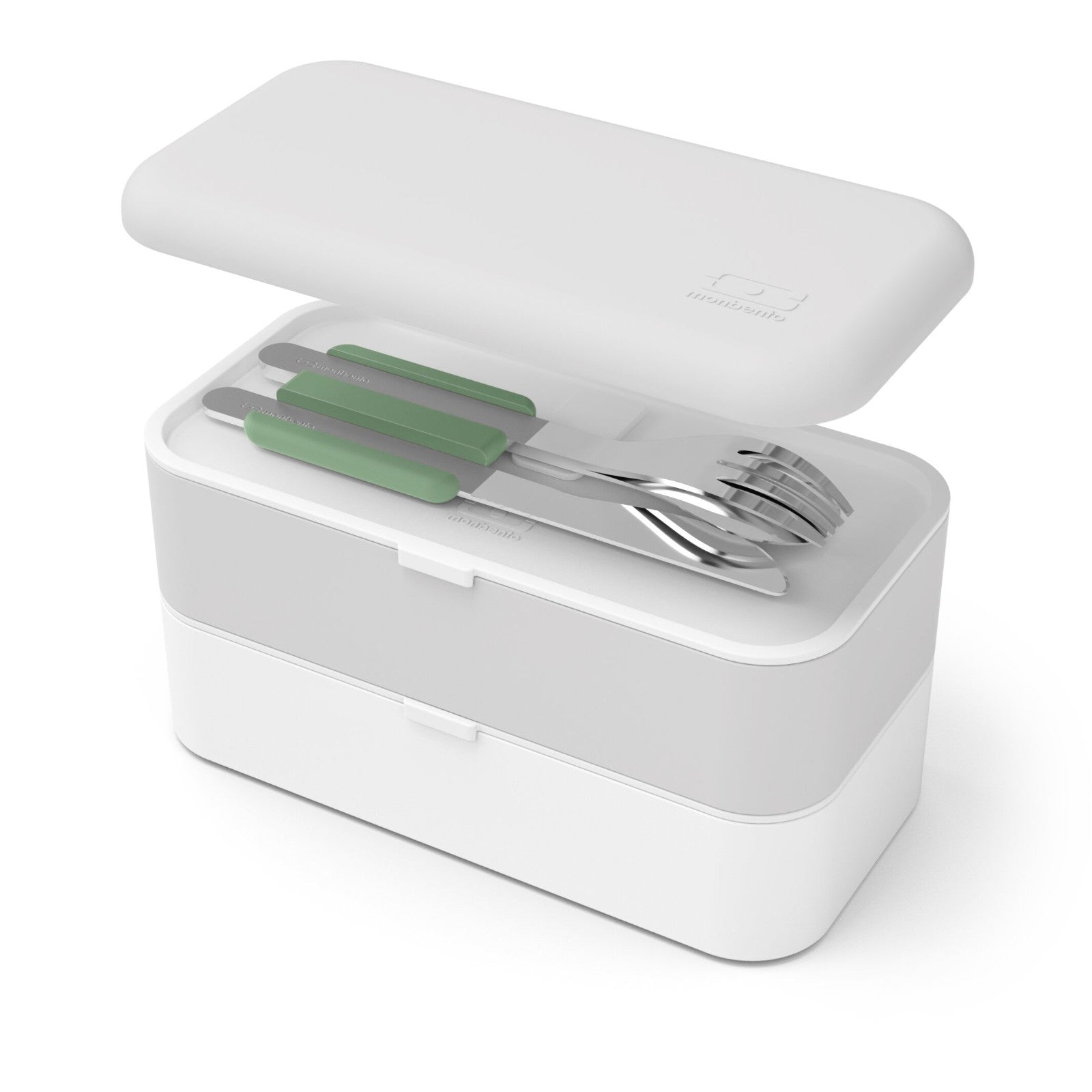 Monbento Slim Box Natural Green – stalowe, kompaktowe sztućce w etui, idealne do lunchboxa i podróży, kolor: zielony