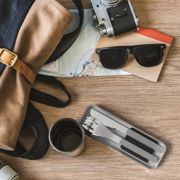 Monbento Slim Box Onyx – stalowe, kompaktowe sztućce w etui, idealne do lunchboxa i podróży, kolor: czarny