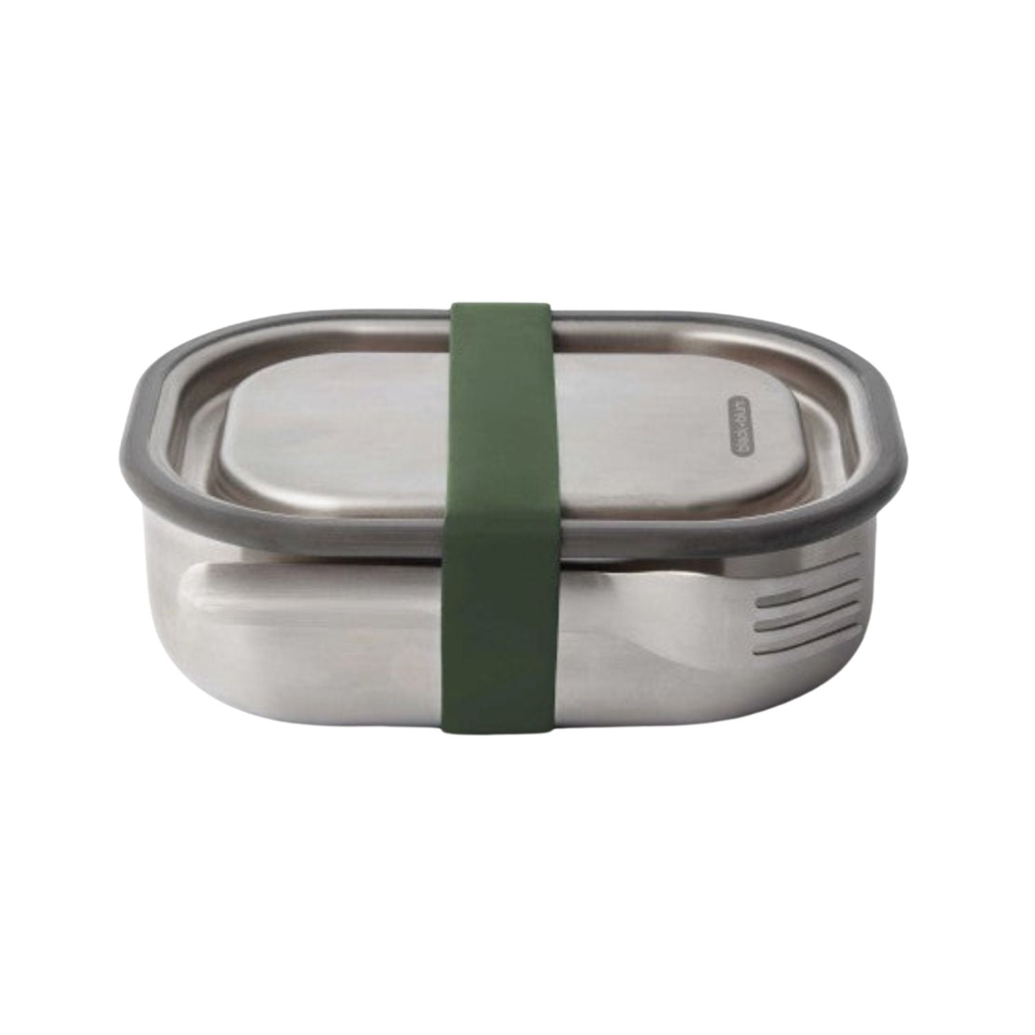 Lunchbox Black+Blum Steel L oliwkowy – szczelny pojemnik z separatorem, widelcem i silikonową opaską. Elegancki, praktyczny i trwały