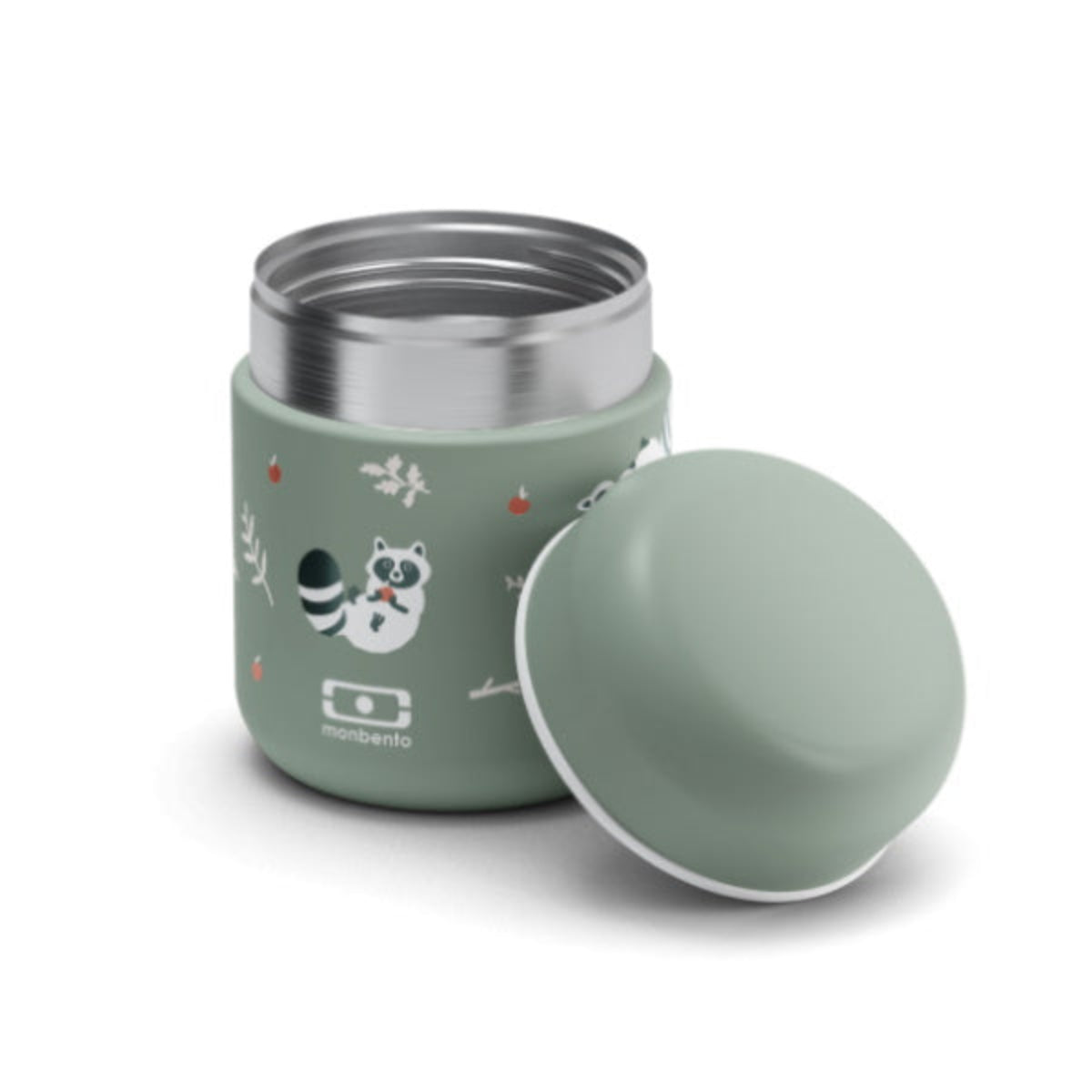 Monbento Capsule Raccon – termos dla dzieci 280 ml. Utrzymuje ciepło do 5 h, 100% szczelny i lekki. Idealny na zupę, owsiankę czy makaron w podróży, wzór: szop