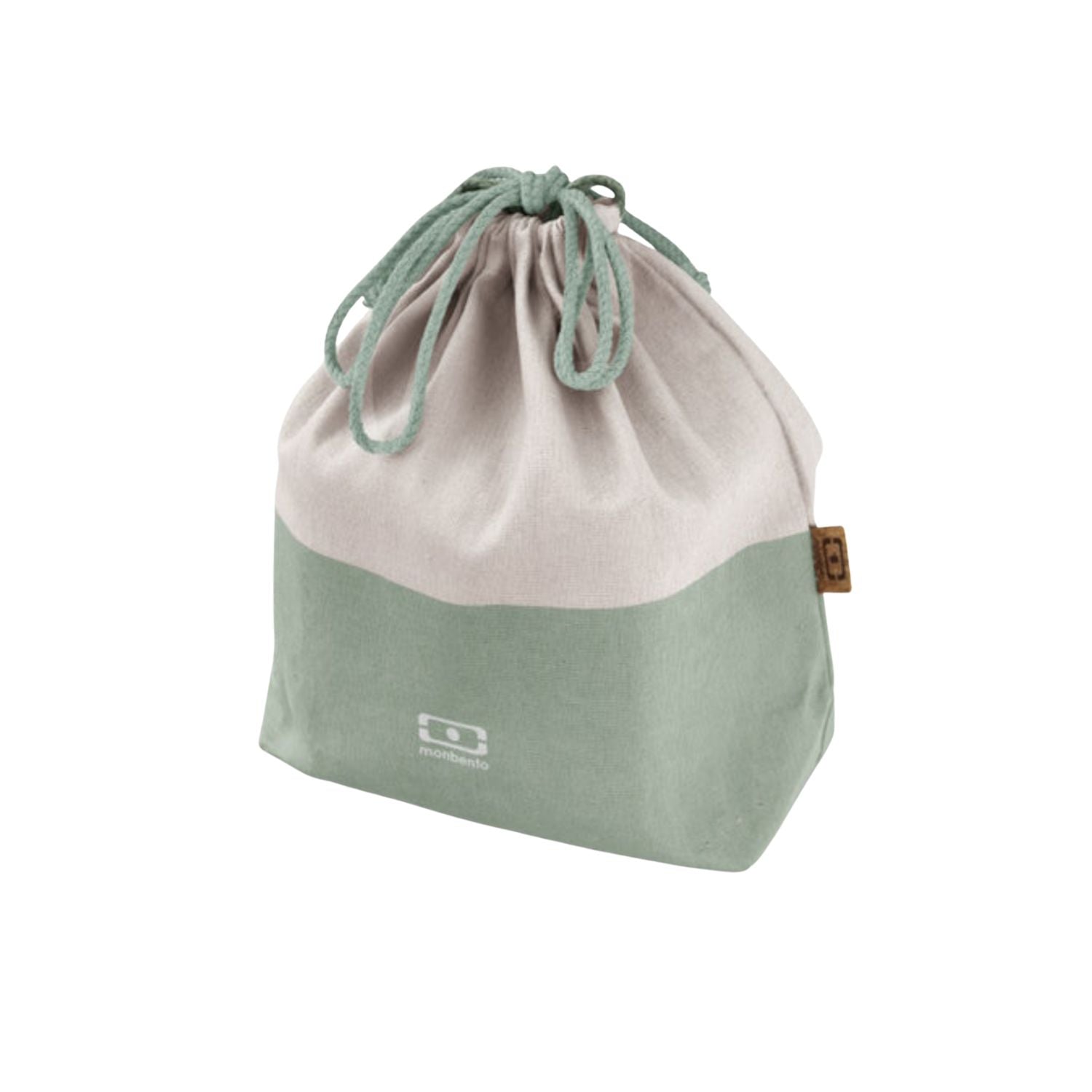 Monbento Pochette L Natural Green – lekka torba na lunchbox, imitacja lnu, zawiązywana, stylowa i ekologiczna. Idealna do pracy i szkoły, kolor: zielony