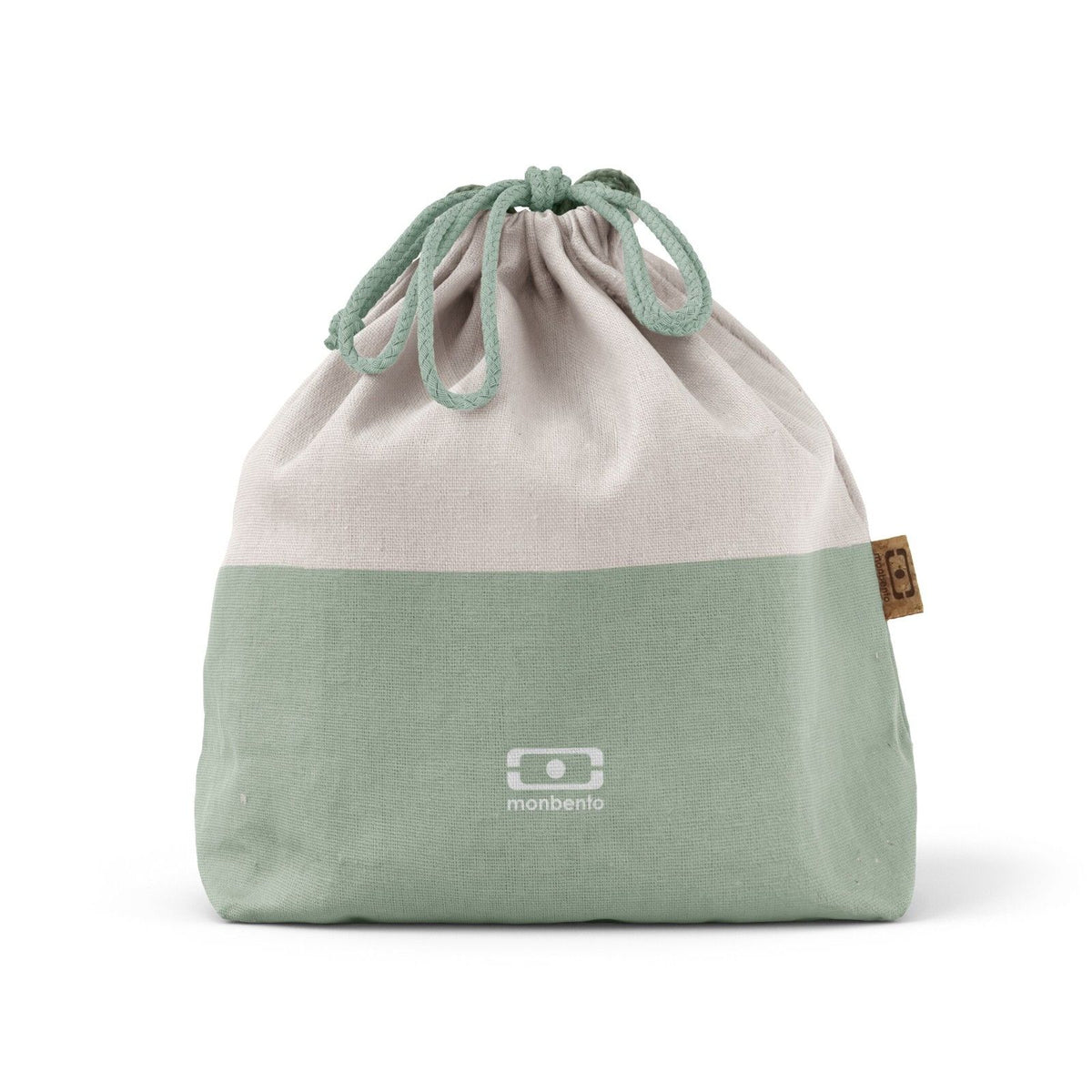 Monbento Pochette L Natural Green – lekka torba na lunchbox, imitacja lnu, zawiązywana, stylowa i ekologiczna. Idealna do pracy i szkoły, kolor: zielony
