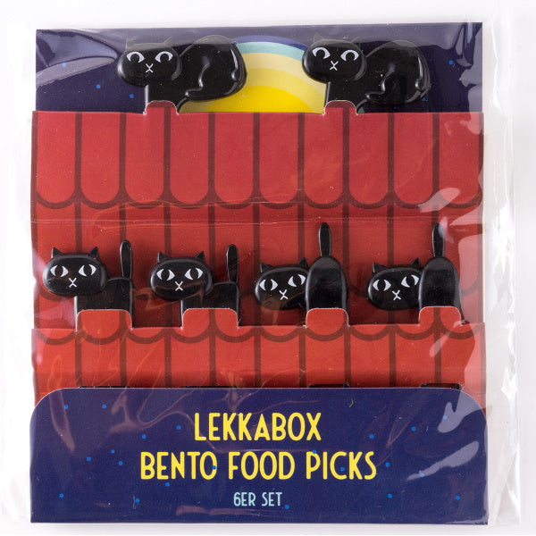 Lekkabox Koty – zestaw 6 mini widelczyków z motywem kotów, idealne do bento boxów, owoców, warzyw i przekąsek dla dzieci.