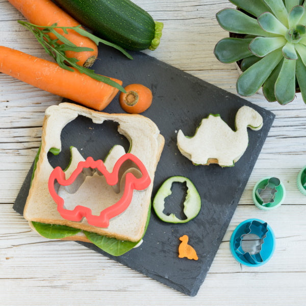 Wykrawacze Lekkabox dinozaury – zestaw 3 rozmiarów, stal nierdzewna, bezpieczne uchwyty, idealne do owoców, warzyw, kanapek i ciasteczek