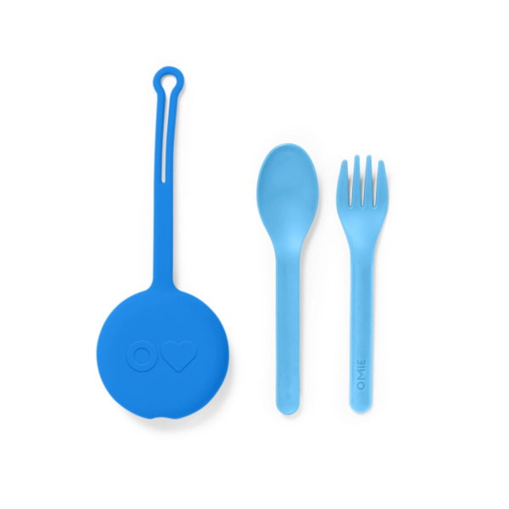 Niebieski pokrowiec OmiePod – zestaw sztućców w silikonowym etui, bezpieczny i higieniczny.