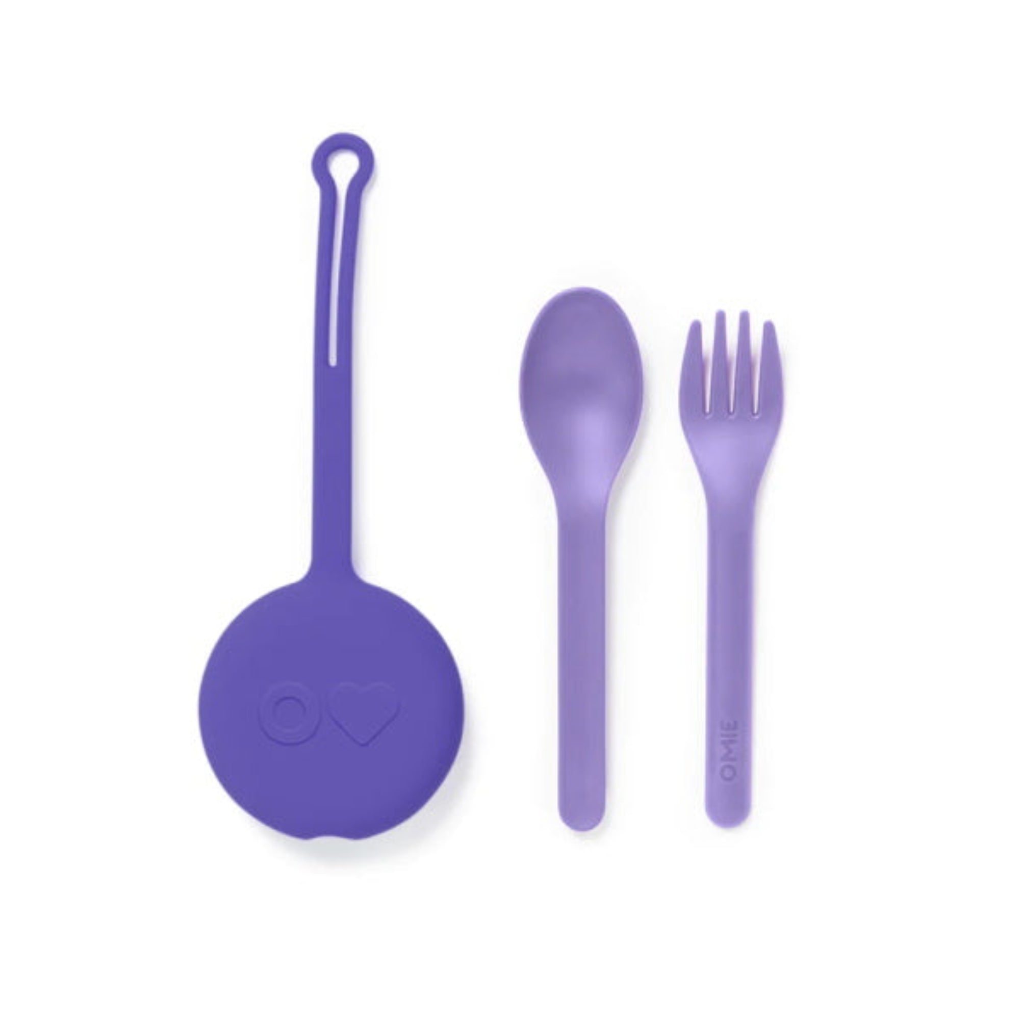Fioletowy pokrowiec OmiePod – zestaw sztućców w silikonowym etui, bezpieczny i higieniczny.