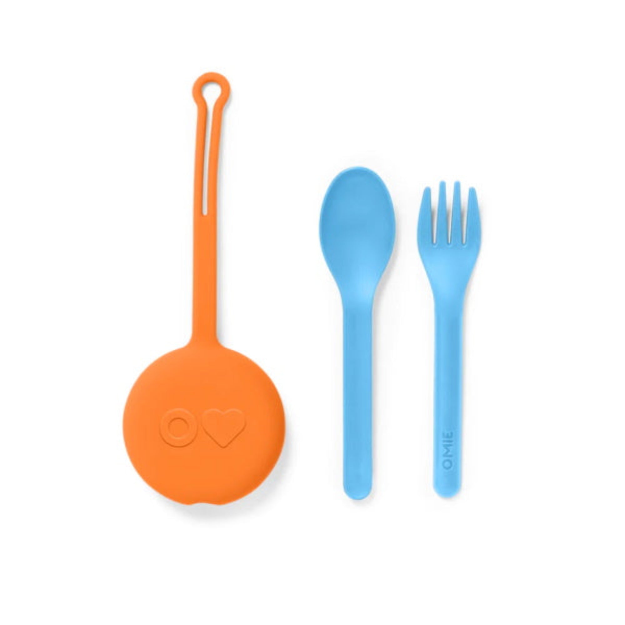 Pomarańczowo-niebieski pokrowiec OmiePod – zestaw sztućców w silikonowym etui, bezpieczny i higieniczny.