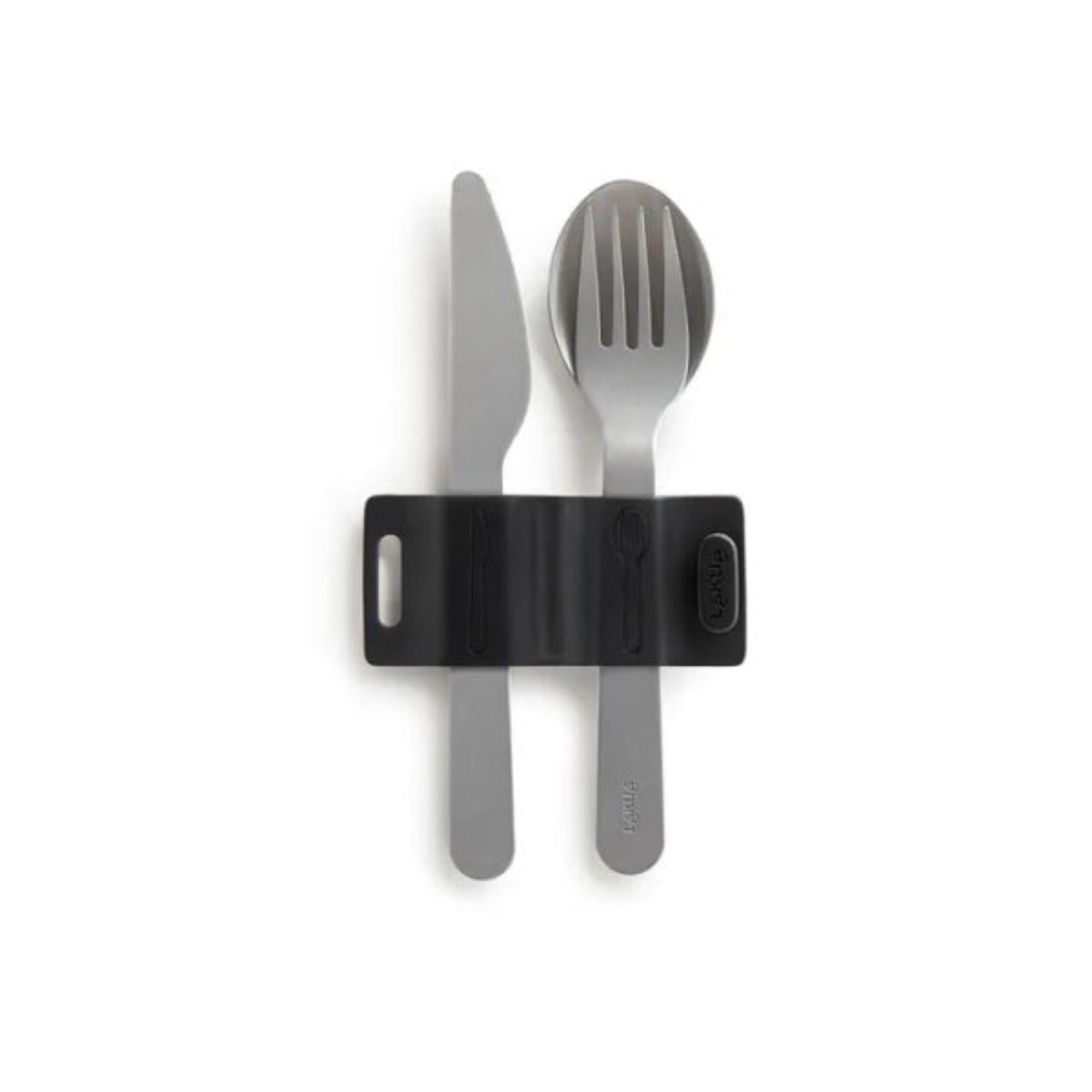Zestaw sztućców Lekue To Go Basic – stal nierdzewna, widelec, nóż i łyżka z opaską silikonową