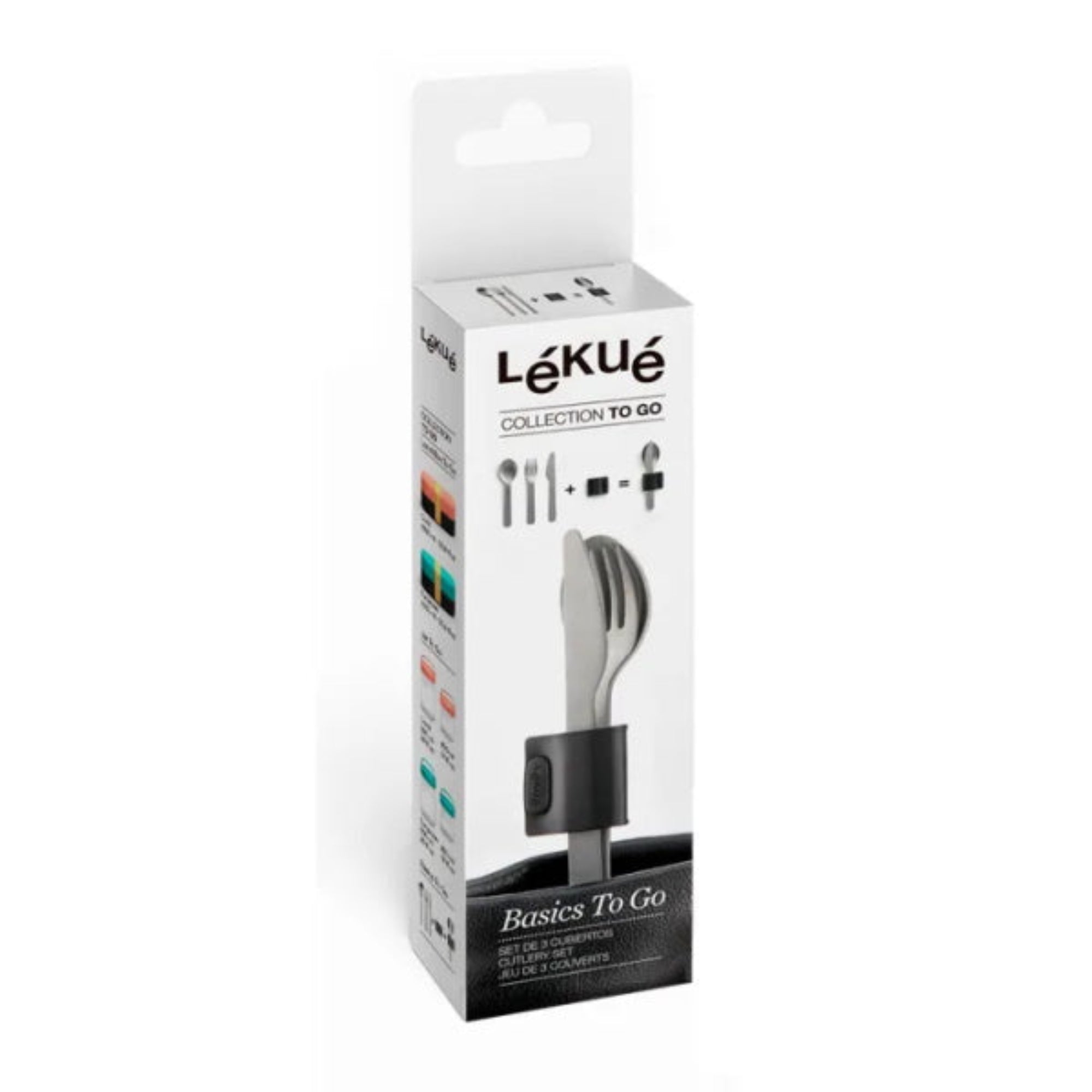 Zestaw sztućców Lekue To Go Basic – stal nierdzewna, widelec, nóż i łyżka z opaską silikonową