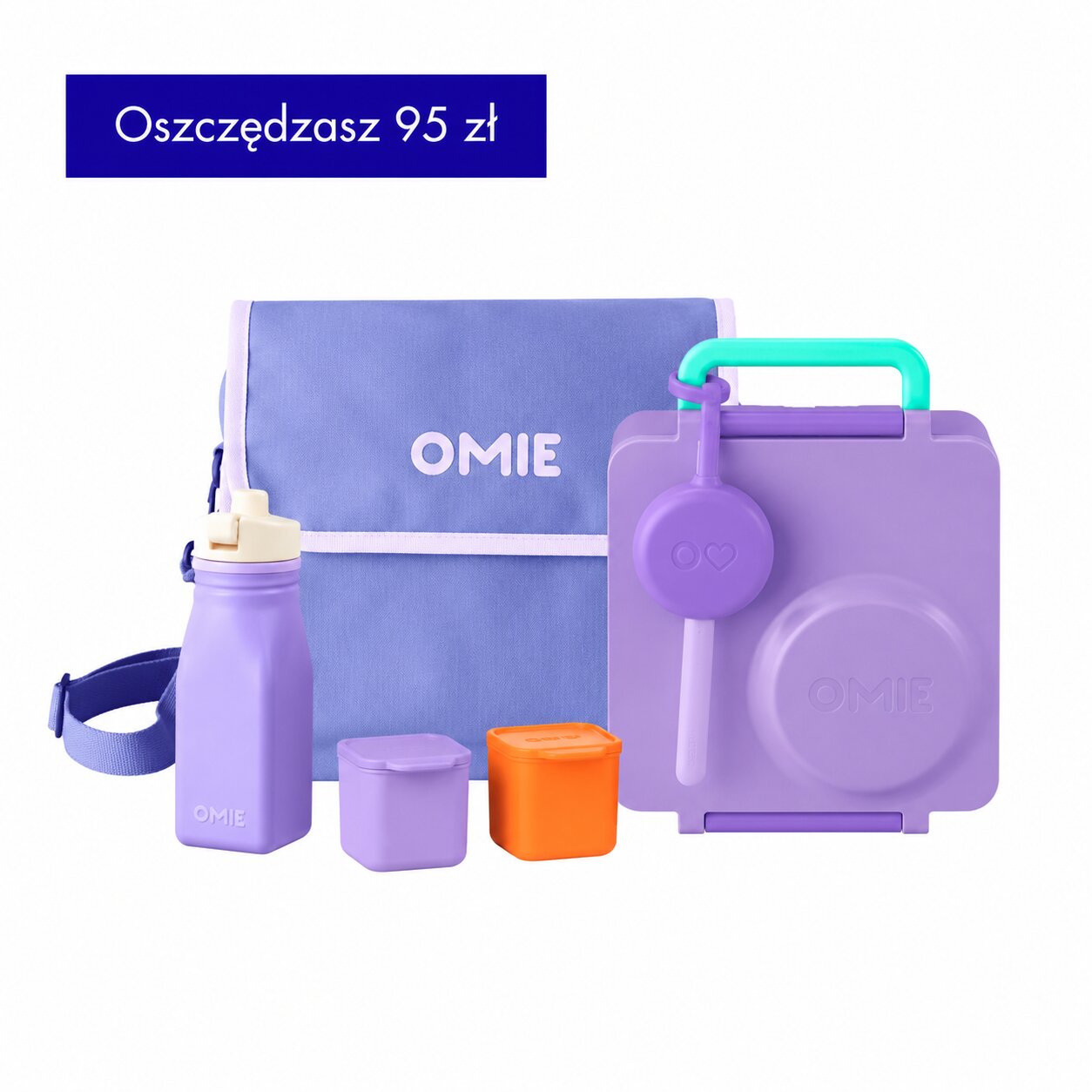 OmieBox Full Set Purple Plum - fioletowy zestaw lunch boxa z termosem, sztućcami, pojemniczkami, butelką i torbą termiczną; dopasowany kolorystycznie, z uchwytem i przegródkami