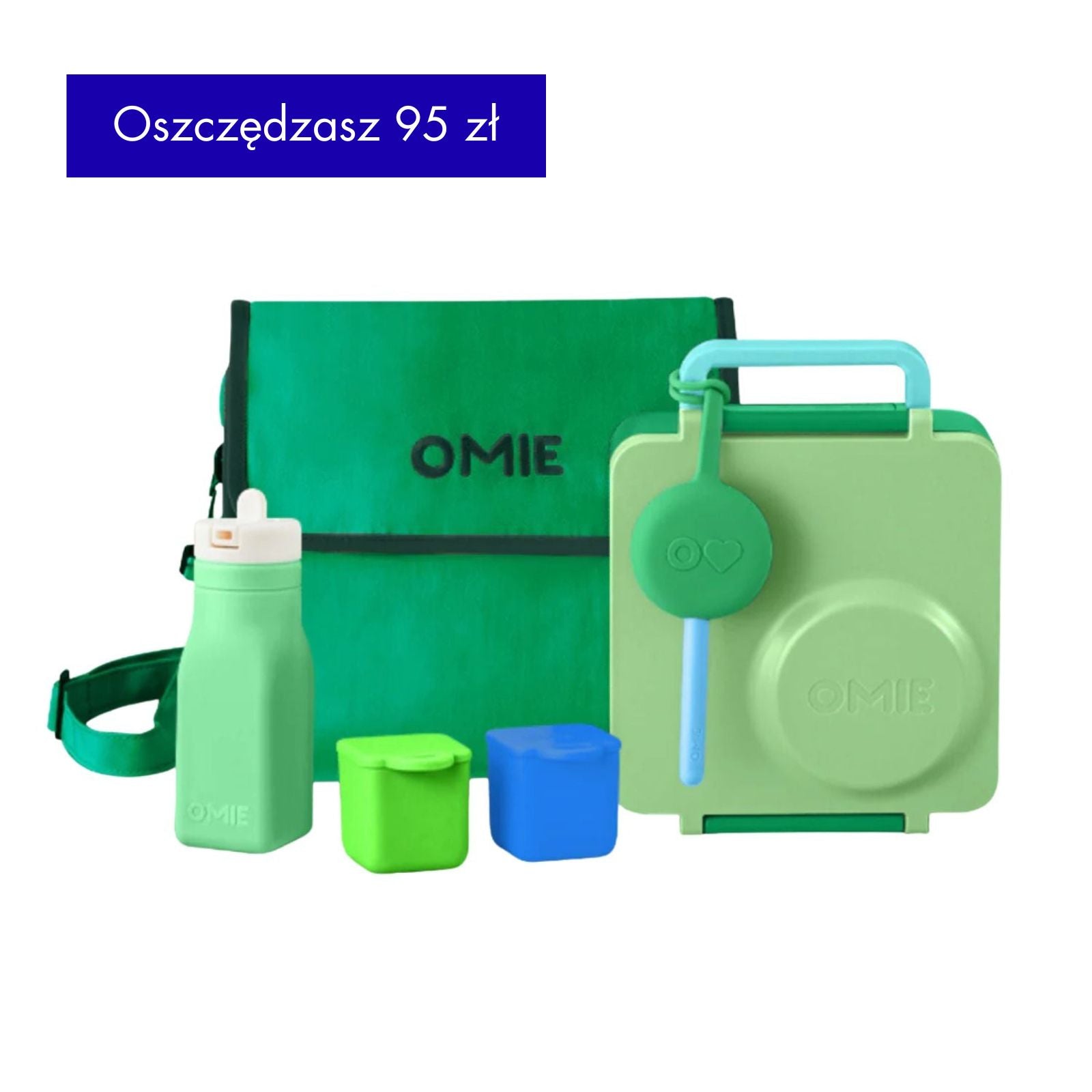 OmieBox Full Set Apple Green - zielony zestaw lunch boxa z termosem, sztućcami, pojemniczkami, butelką i torbą termiczną; dopasowany kolorystycznie, z uchwytem i przegródkami