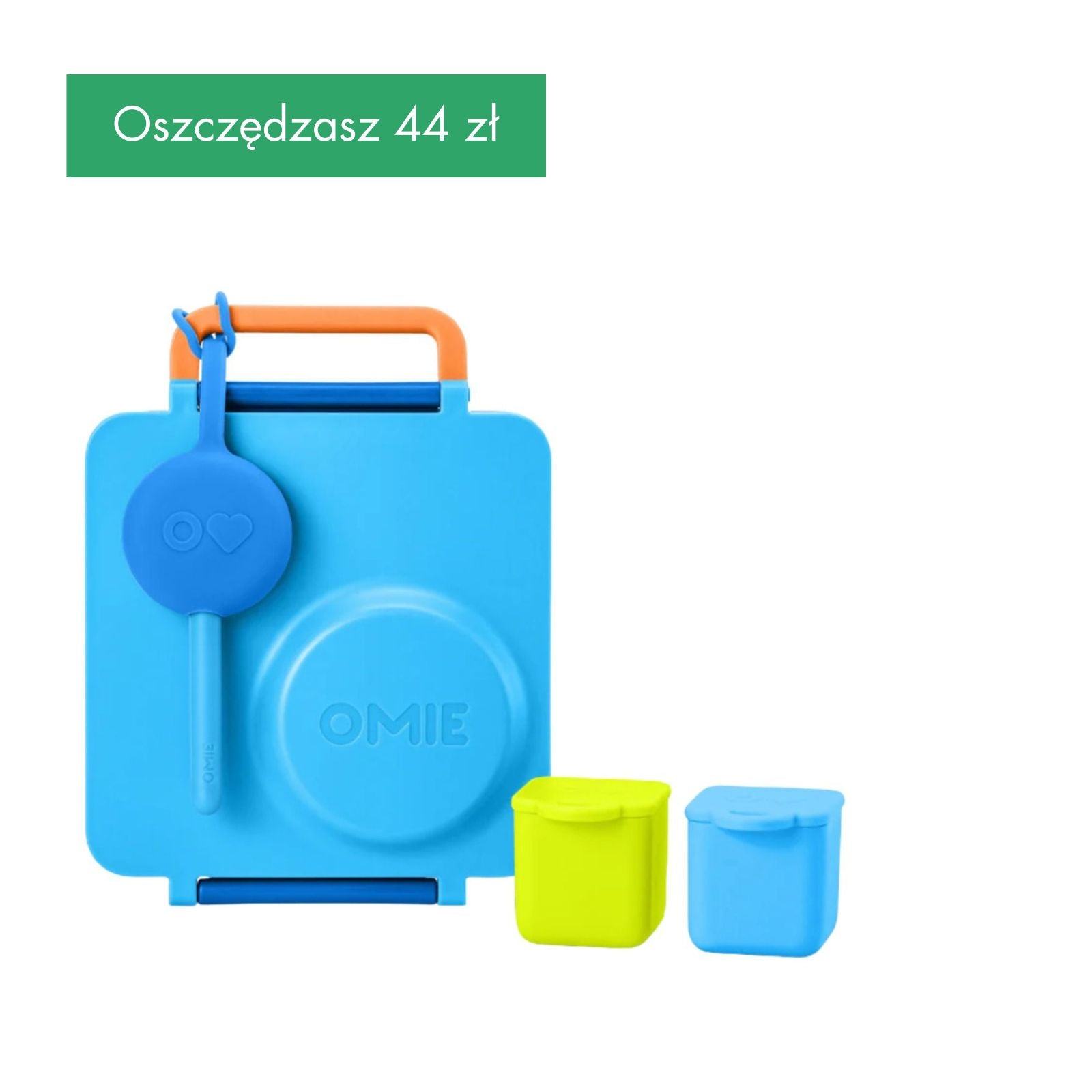 OmieBox Starter Set Blue Sky - niebieski zestaw lunch boxa z termosem, sztućcami i pojemniczkami, dopasowany kolorystycznie, z uchwytem i przegródkami