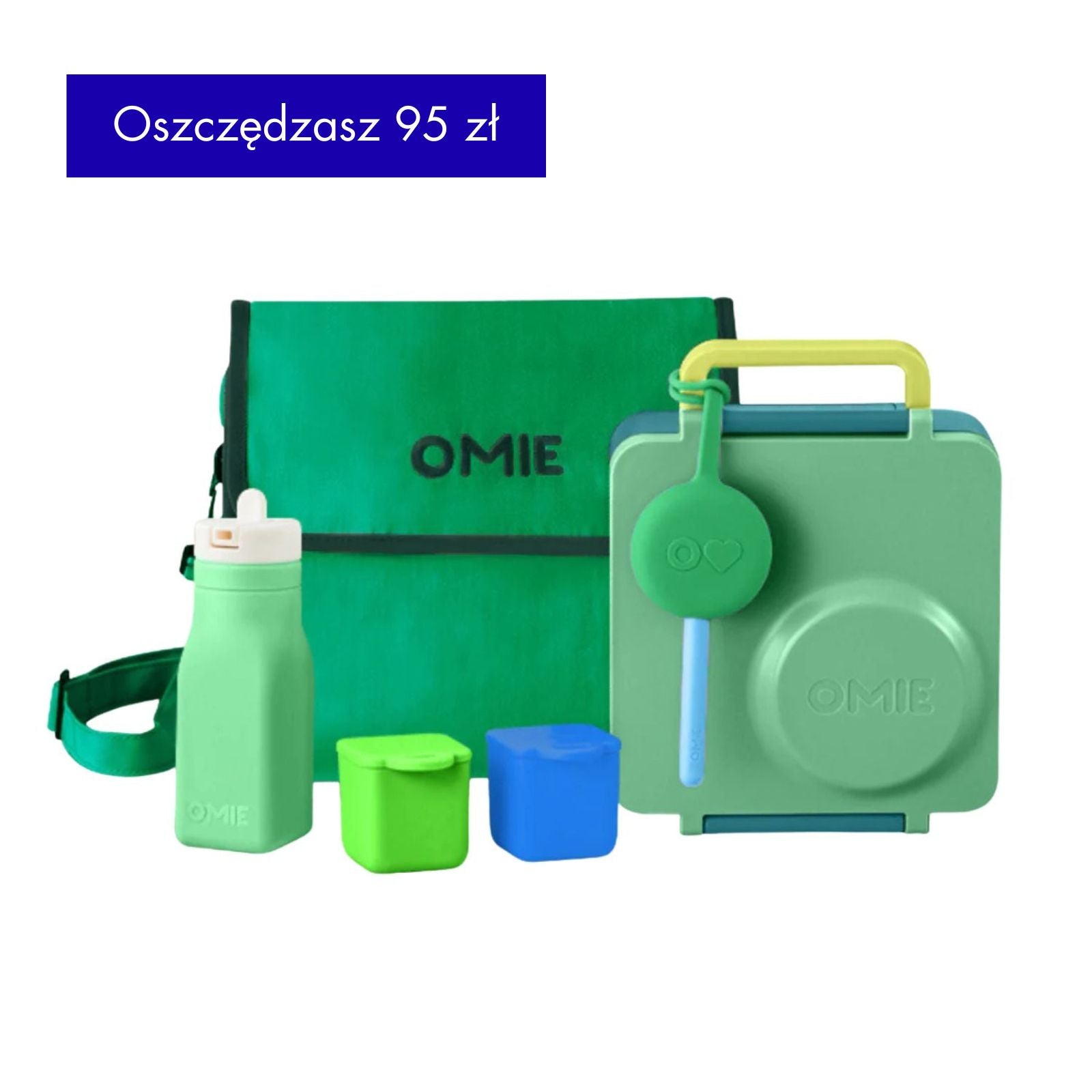OmieBox Full Set Meadow - zielony zestaw lunch boxa z termosem, sztućcami, pojemniczkami, butelką i torbą termiczną; dopasowany kolorystycznie, z uchwytem i przegródkami
