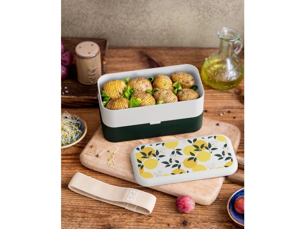 Monbento Original – dwupoziomowy lunchbox z miseczką. Szczelny, BPA free, do mikrofalówki i zmywarki. Stylowy francuski design, wzór: Grapic Lemon