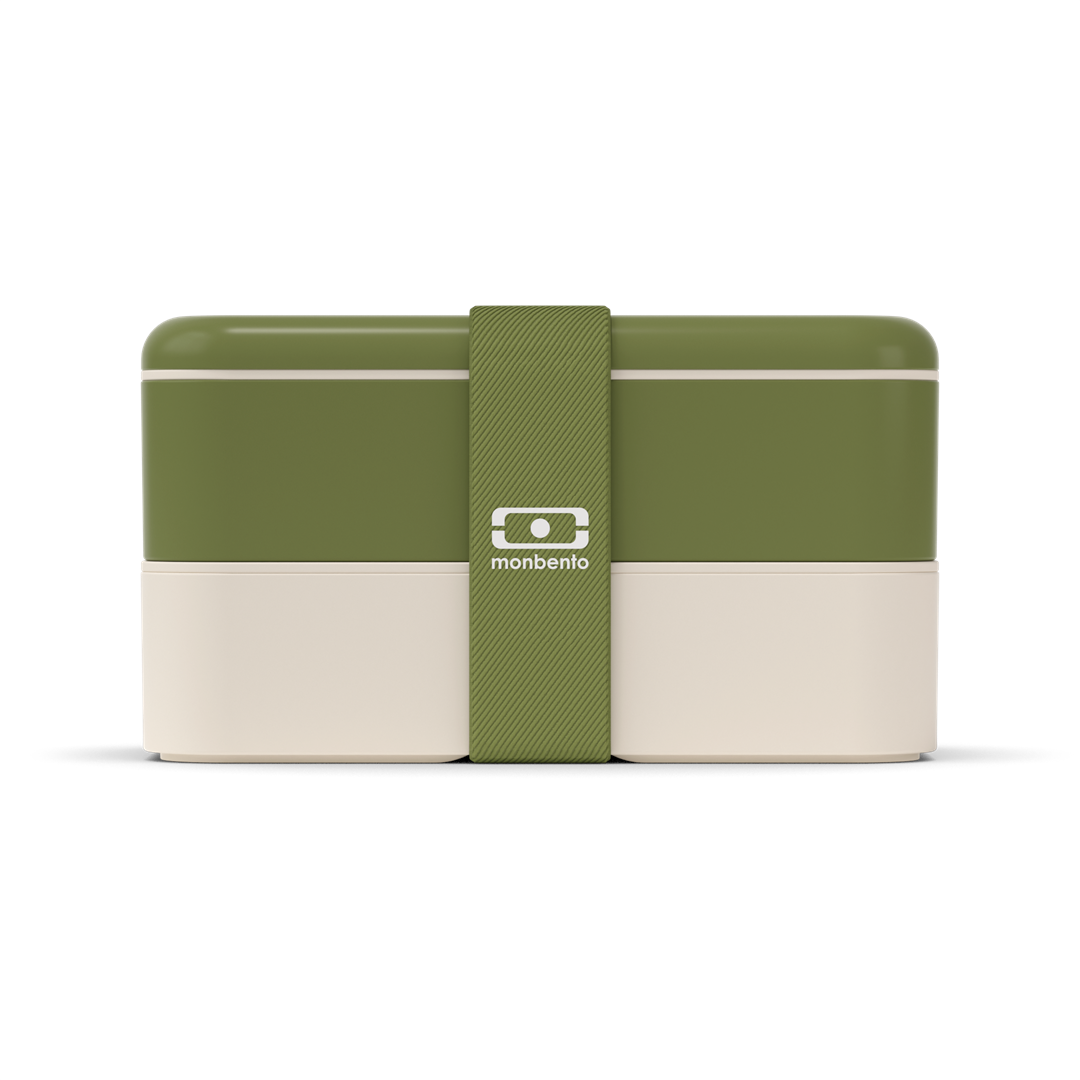 Monbento Original – dwupoziomowy lunchbox z miseczką. Szczelny, BPA free, do mikrofalówki i zmywarki. Stylowy francuski design, wzór: Olive Recycled