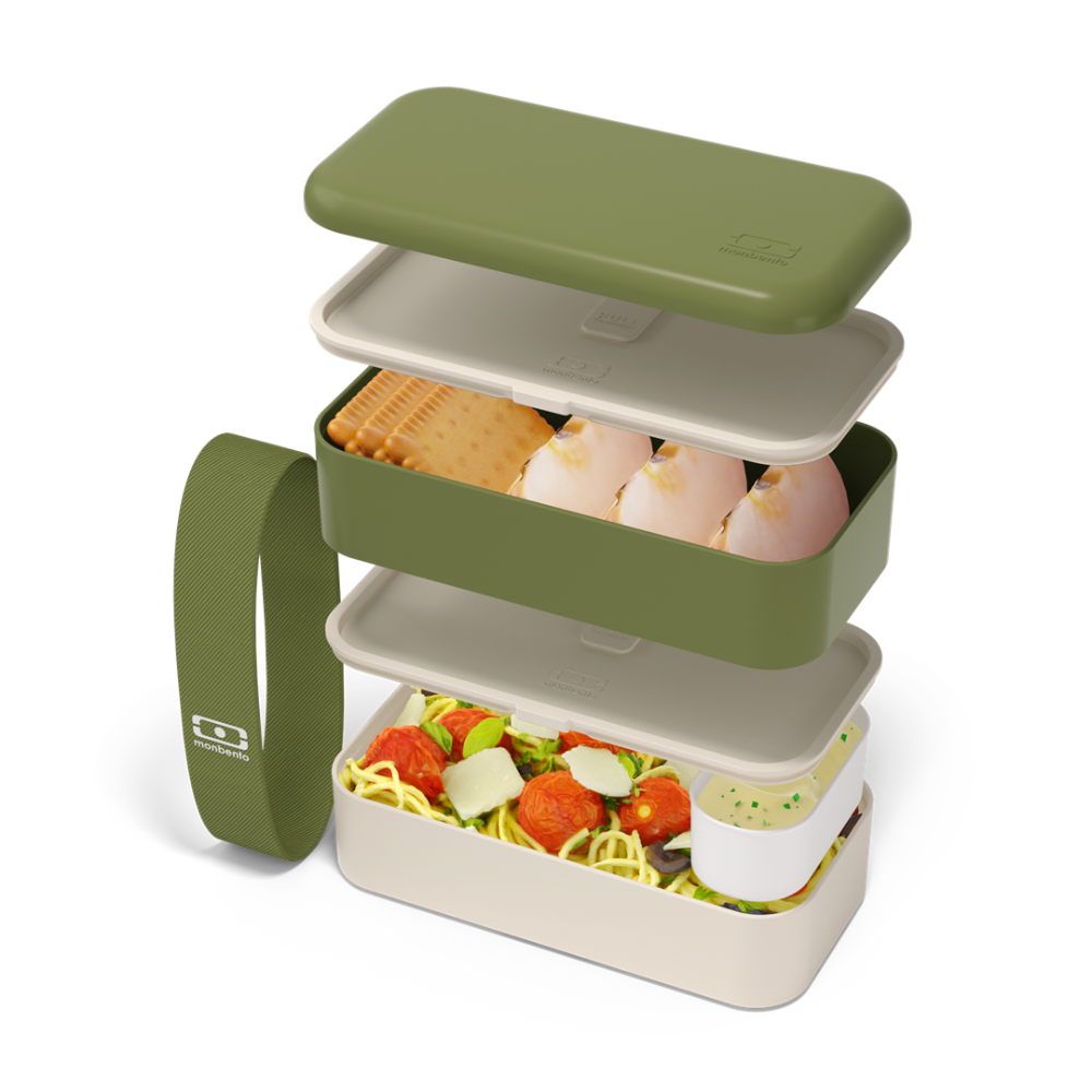 Monbento Original – dwupoziomowy lunchbox z miseczką. Szczelny, BPA free, do mikrofalówki i zmywarki. Stylowy francuski design, wzór: Olive Recycled