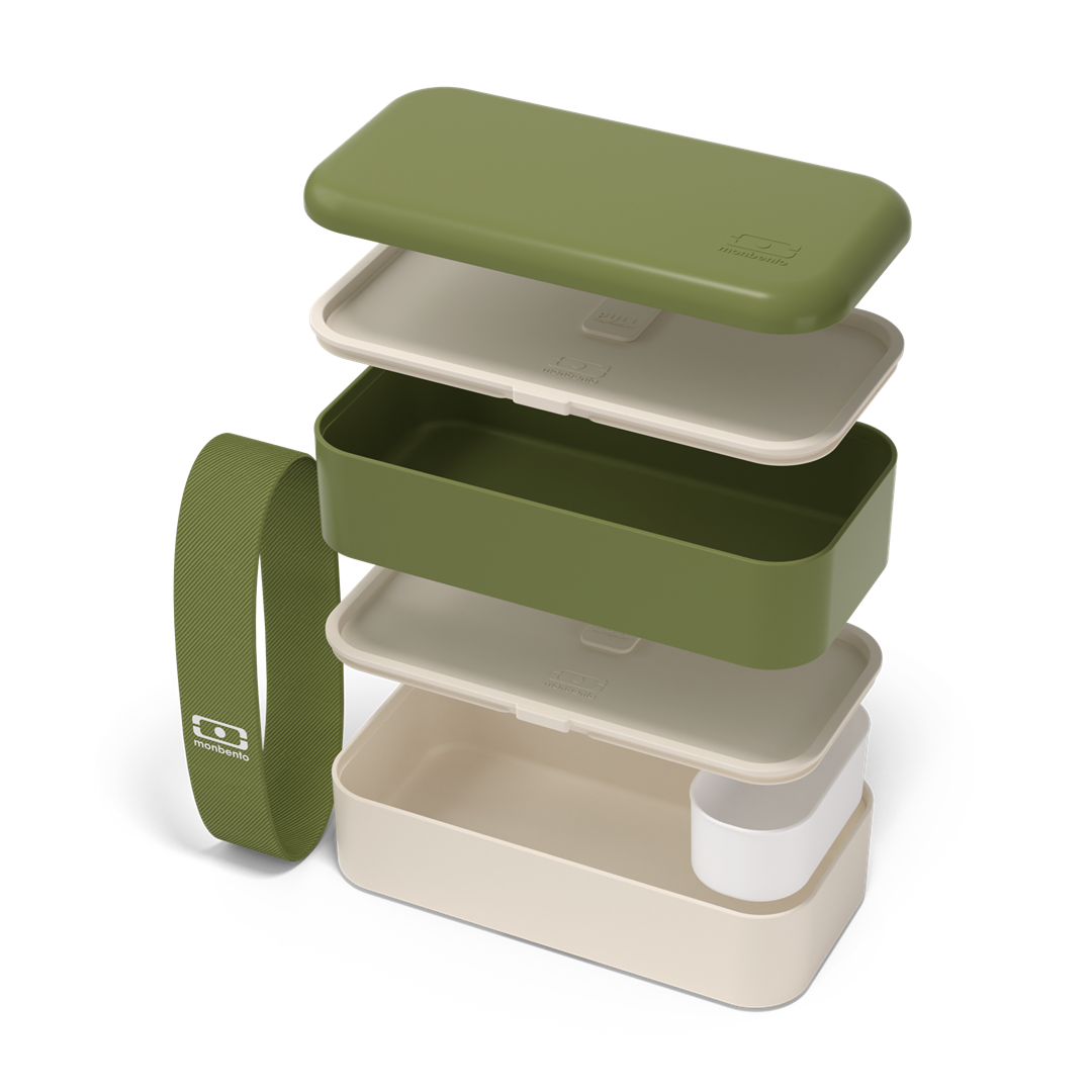 Monbento Original – dwupoziomowy lunchbox z miseczką. Szczelny, BPA free, do mikrofalówki i zmywarki. Stylowy francuski design, wzór: Olive Recycled