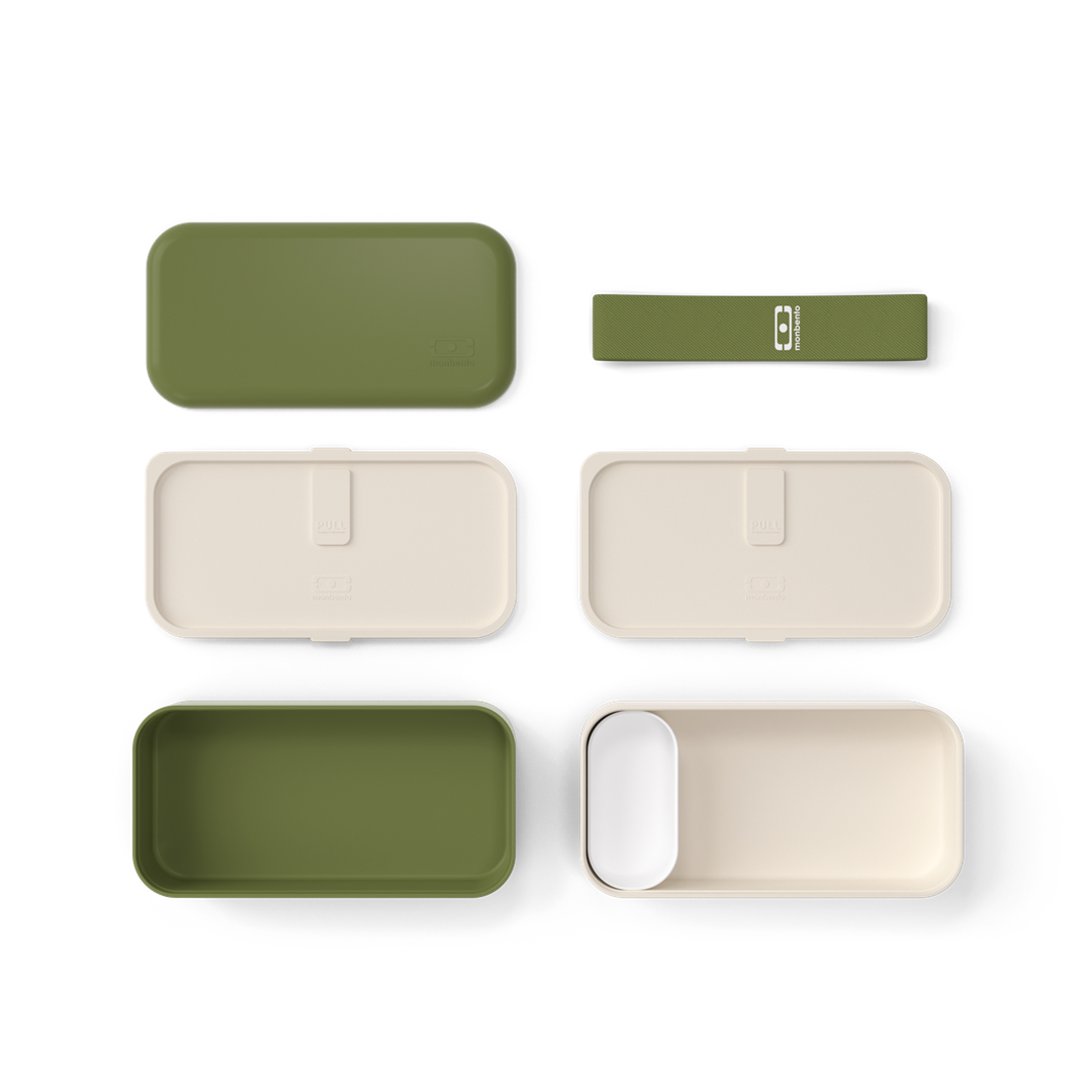 Monbento Original – dwupoziomowy lunchbox z miseczką. Szczelny, BPA free, do mikrofalówki i zmywarki. Stylowy francuski design, wzór: Olive Recycled
