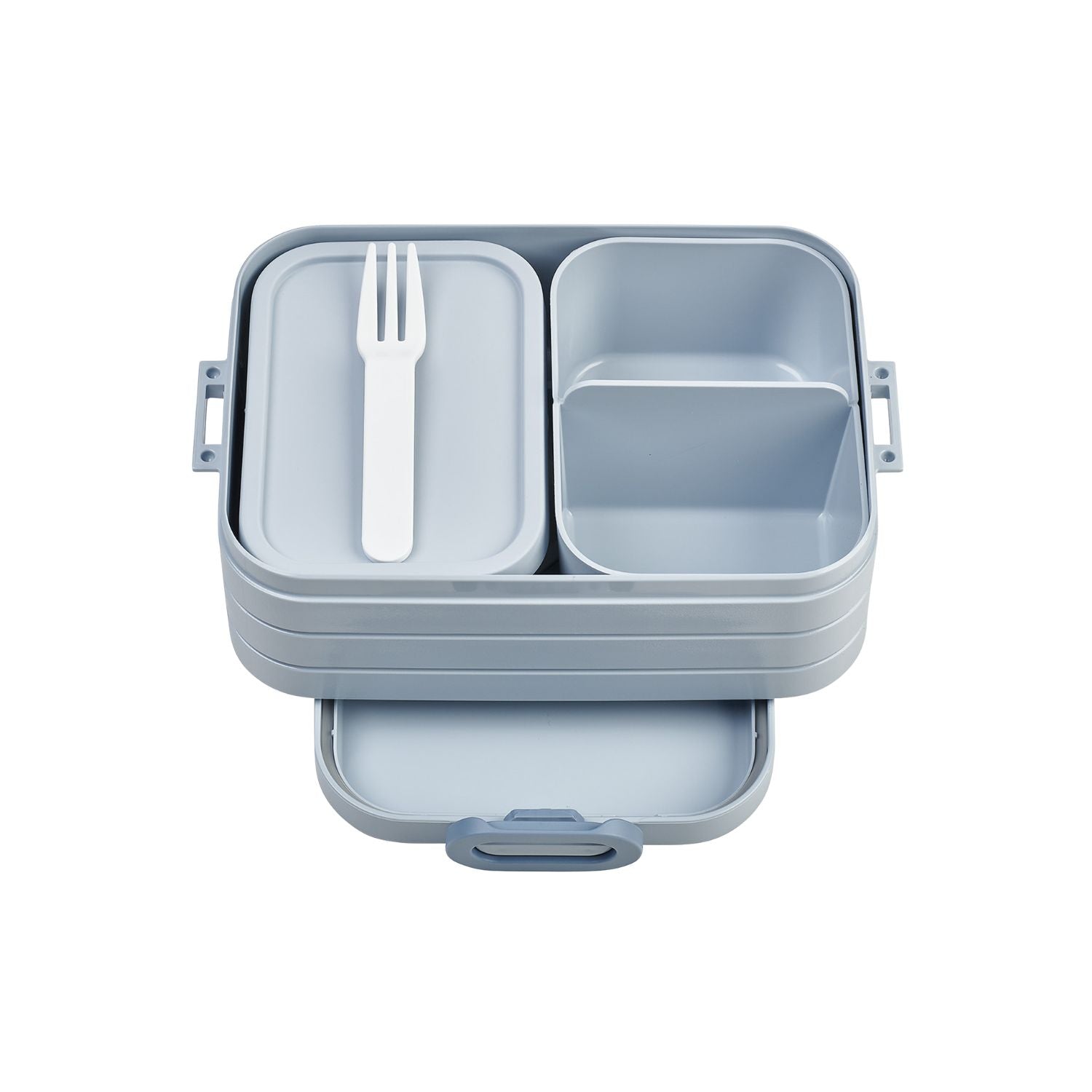 Bento box Take a Break Midi Mepal - niebieski lunch box, na drugie śniadanie, z widelcem i przegródkami, wyprodukowano w Holandii