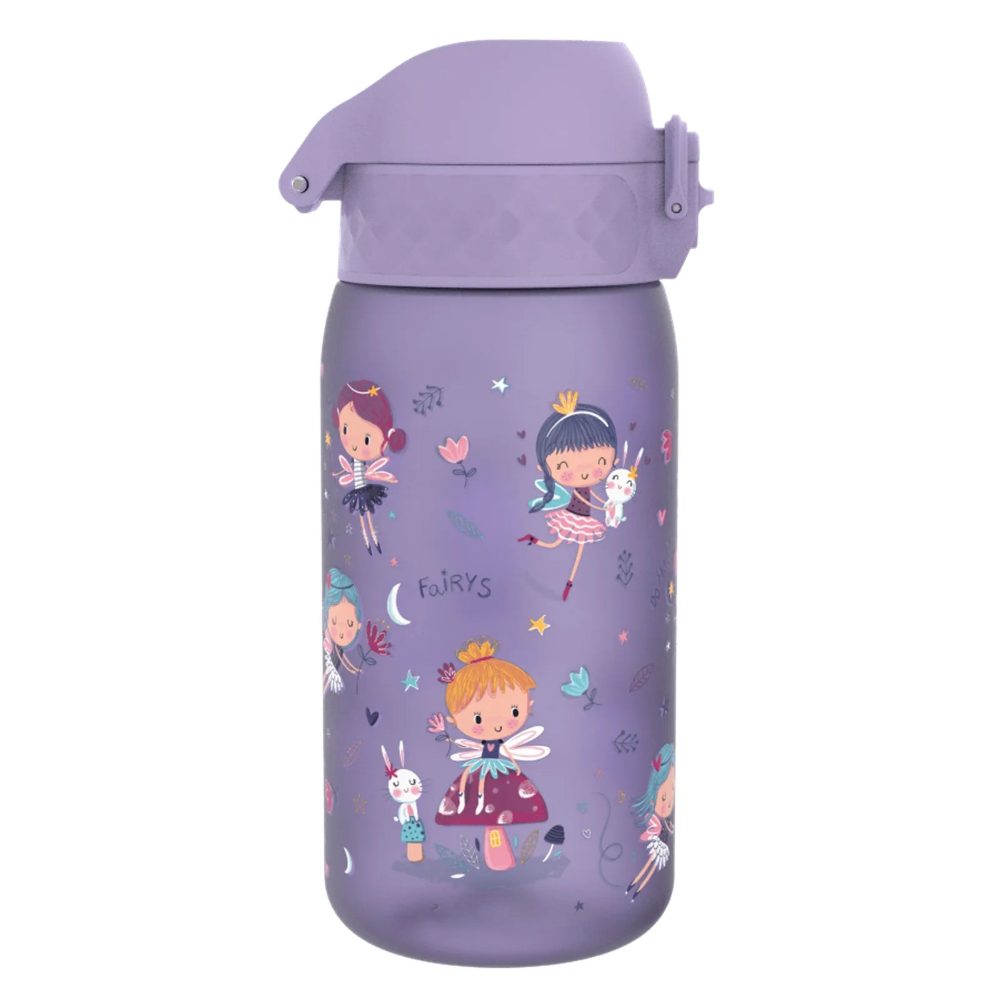 Bidon dla dzieci Ion8 Pod Fairies 350 ml z wróżkami – szczelny, lekki i otwierany na klik.
