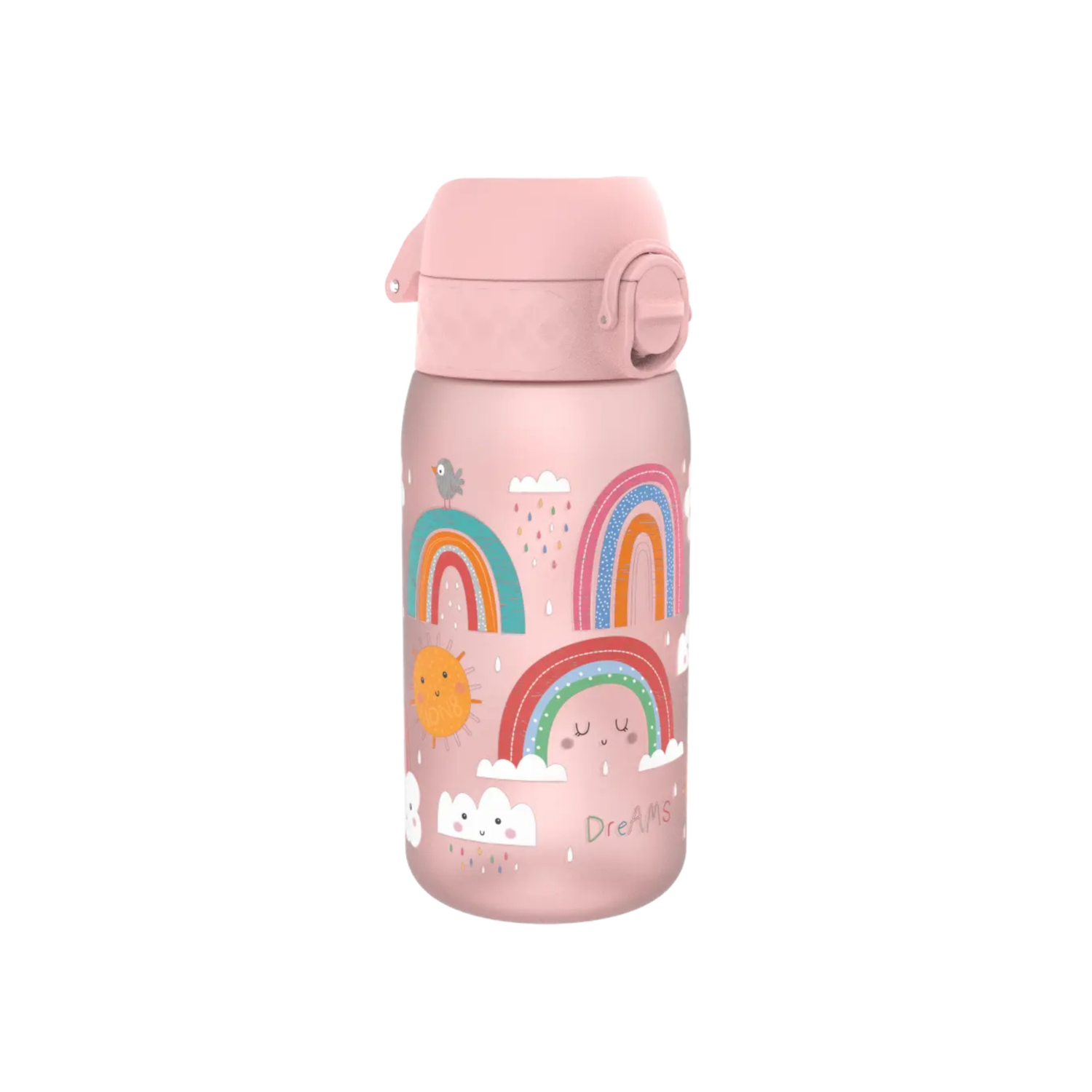 Bidon dla dzieci Ion8 Pod Rainbows 350 ml z tęczami – szczelny, lekki i otwierany na klik.
