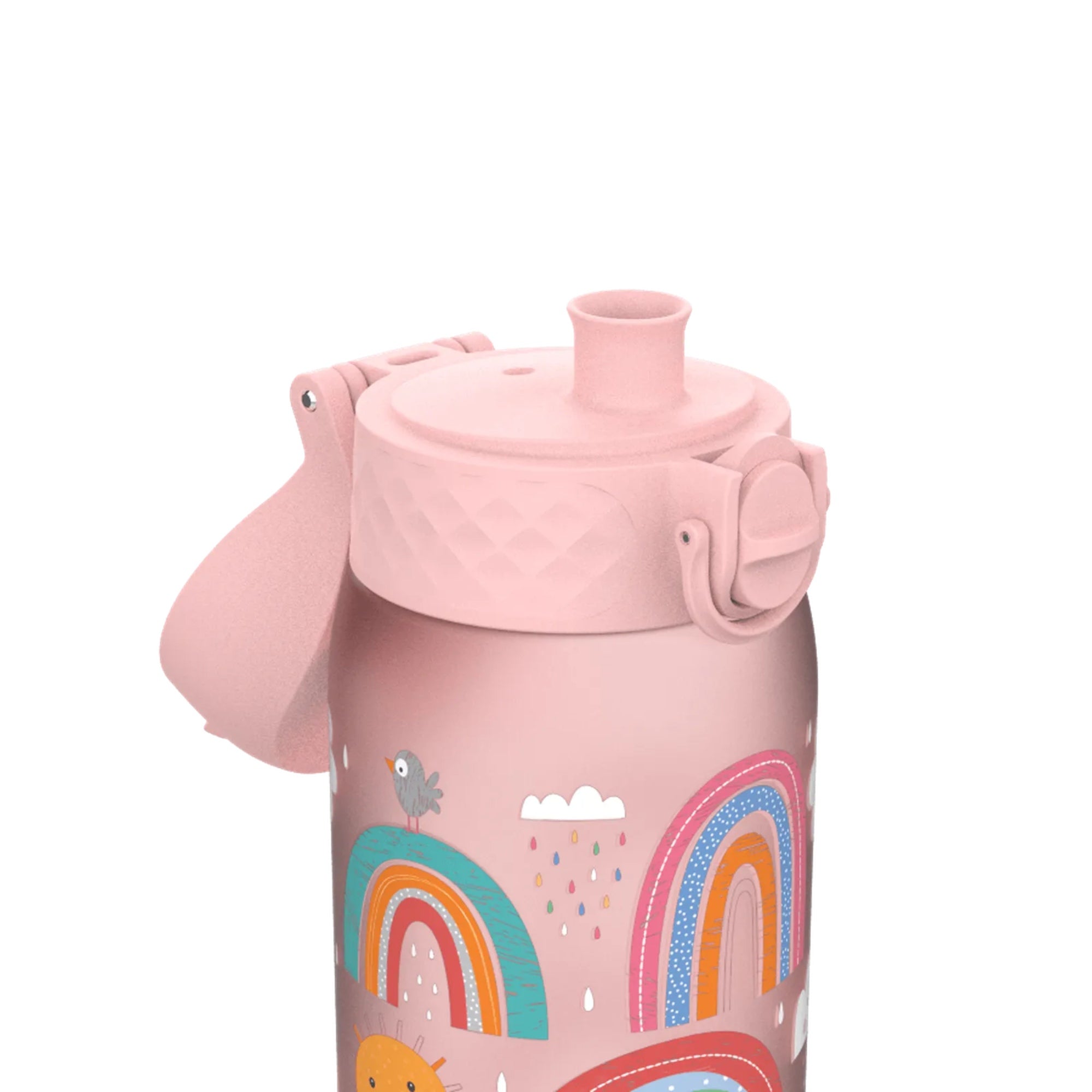 Bidon dla dzieci Ion8 Pod Rainbows 350 ml z tęczami – szczelny, lekki i otwierany na klik.
