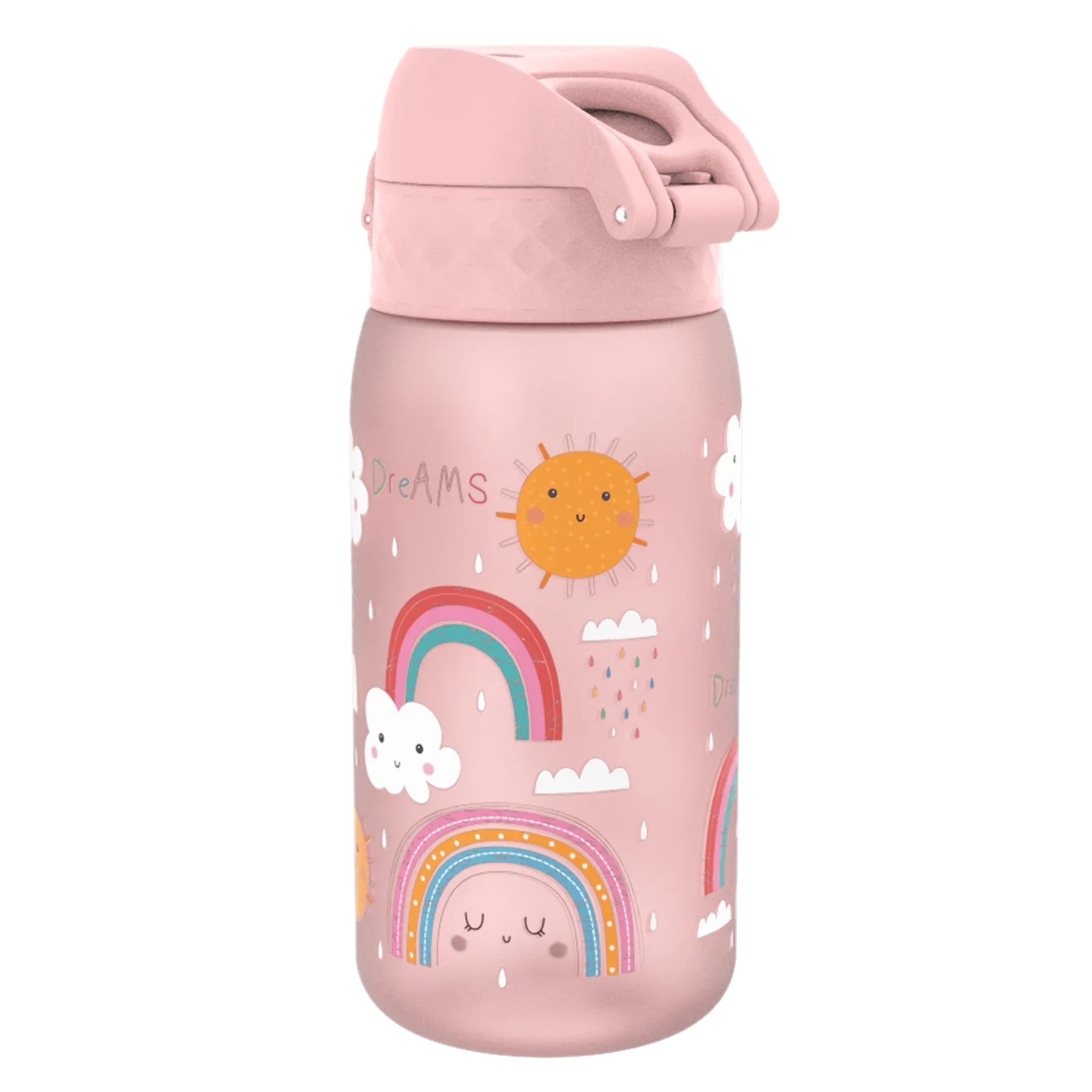 Bidon dla dzieci Ion8 Pod Rainbows 350 ml z tęczami – szczelny, lekki i otwierany na klik.
