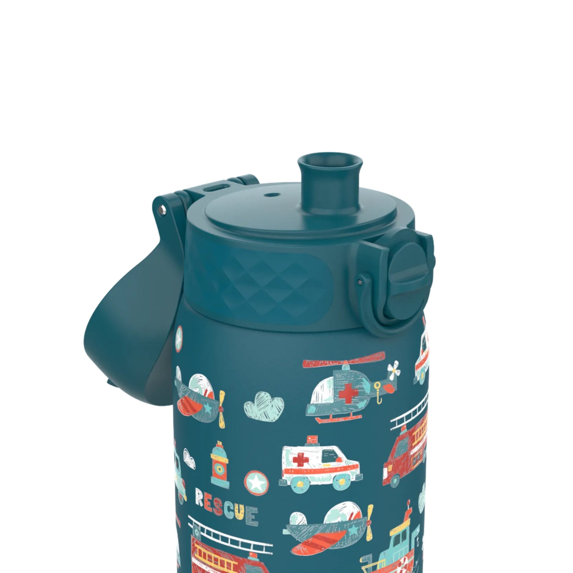 Bidon dla dzieci Ion8 Pod Rescue Vehicles 350 ml z pojazdami ratowniczymi – szczelny, lekki i otwierany na klik.
