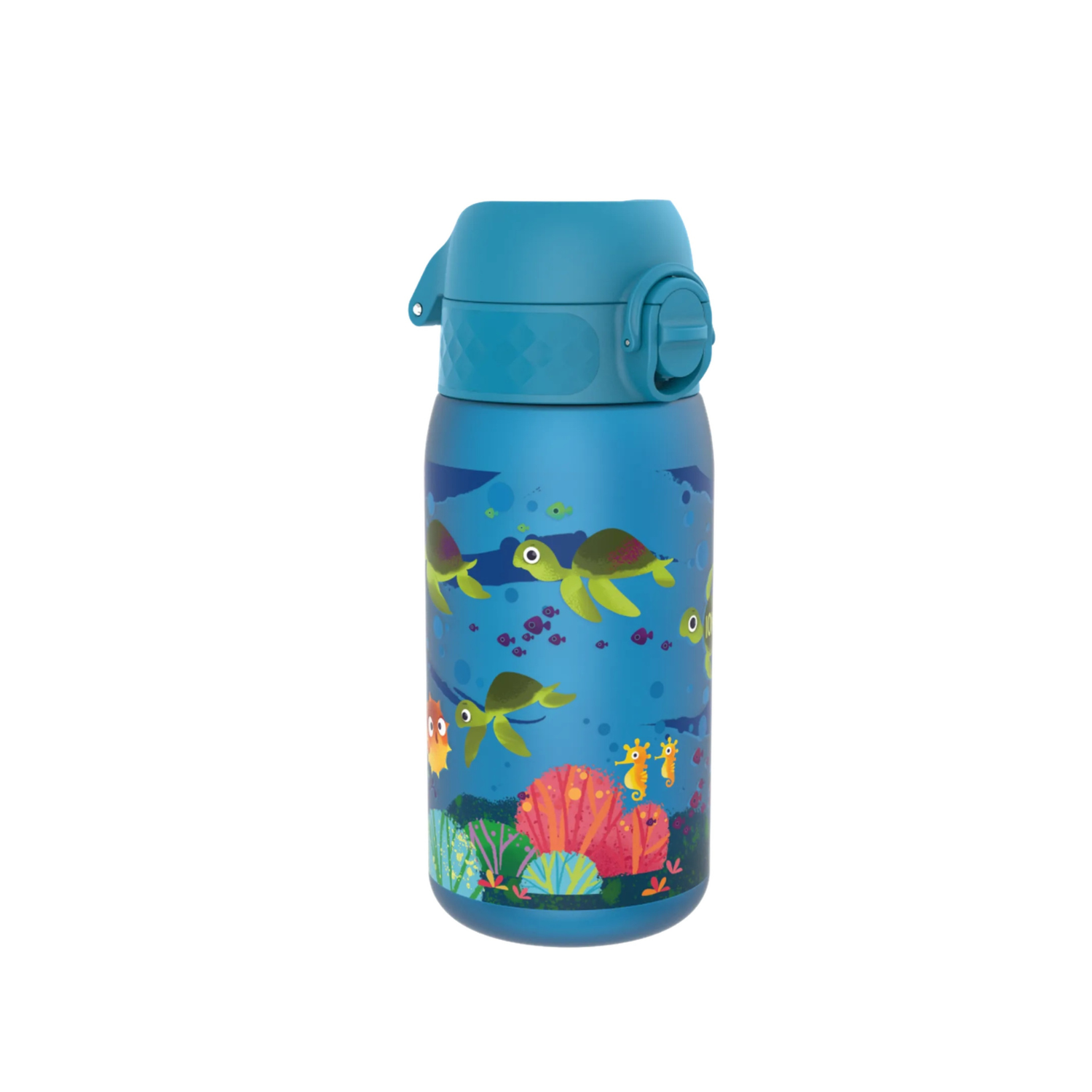 Bidon dla dzieci Ion8 Pod Sea Turtle 350 ml z żółwiami – szczelny, lekki i otwierany na klik.
