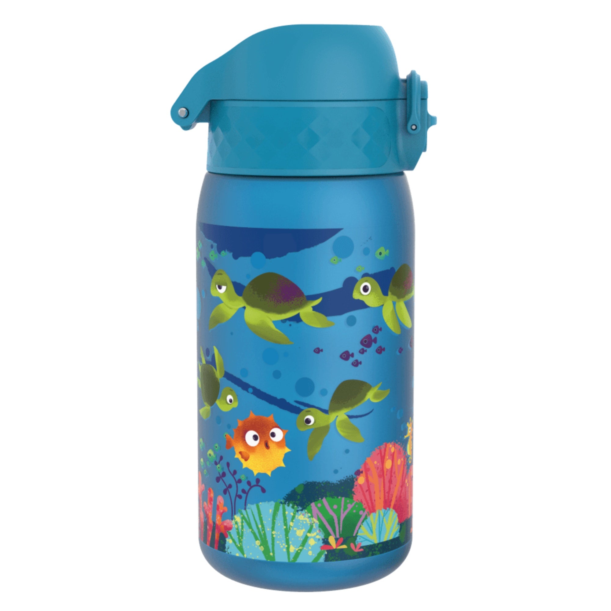 Bidon dla dzieci Ion8 Pod Sea Turtle 350 ml z żółwiami – szczelny, lekki i otwierany na klik.
