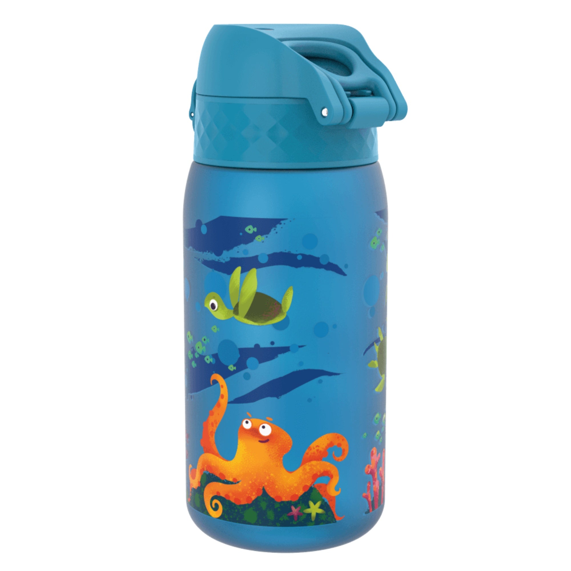 Bidon dla dzieci Ion8 Pod Sea Turtle 350 ml z żółwiami – szczelny, lekki i otwierany na klik.
