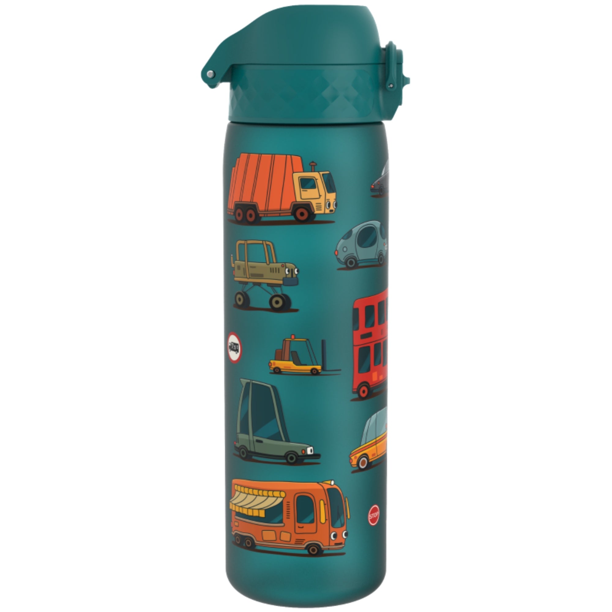 Bidon dla dzieci 500 ml Ion8 Automobile – lekki, nietoksyczny,  z ustnikiem i klapką, idealny do plecaka i samochodu