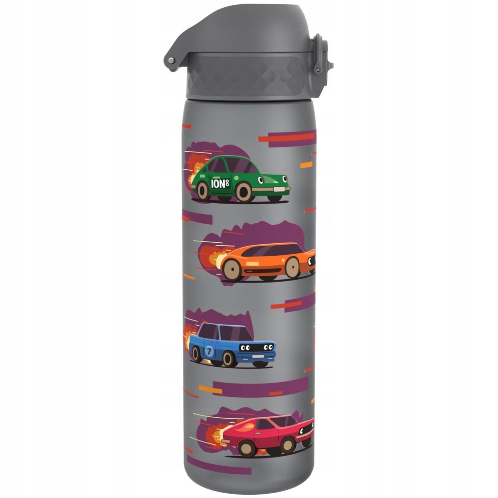 Bidon dla dzieci 500 ml Ion8 Sports Cars – lekki, nietoksyczny,  z ustnikiem i klapką, idealny do plecaka i samochodu