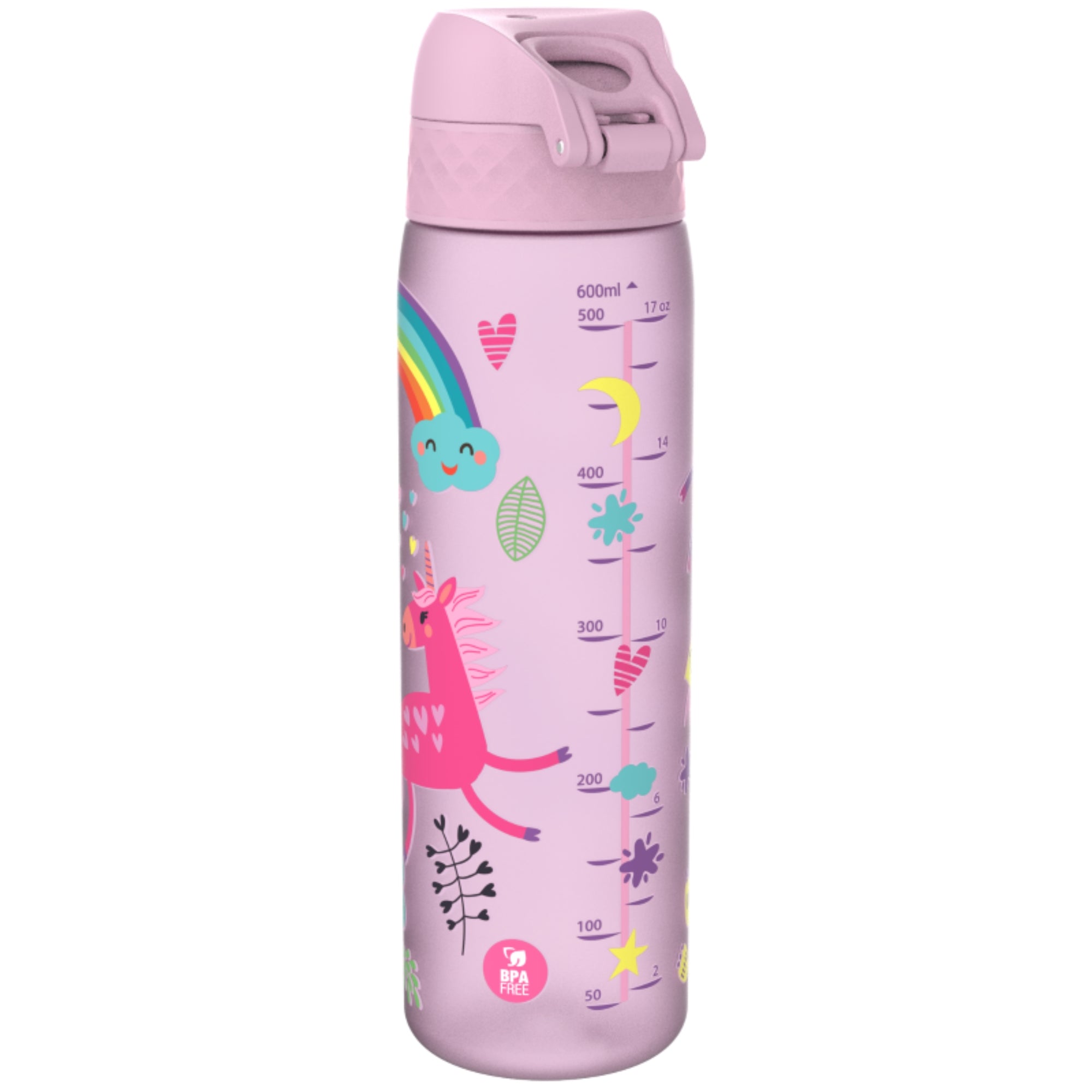 Bidon dla dzieci 500 ml Ion8 Unicorns – lekki, nietoksyczny,  z ustnikiem i klapką, idealny do plecaka i samochodu