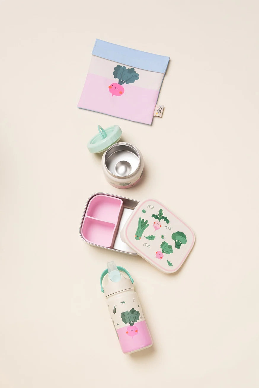 Bidon termiczny dla dzieci The Cotton Cloud – utrzymuje ciepło i zimno, z silikonową słomką i uchwytem, wzór: warzywa