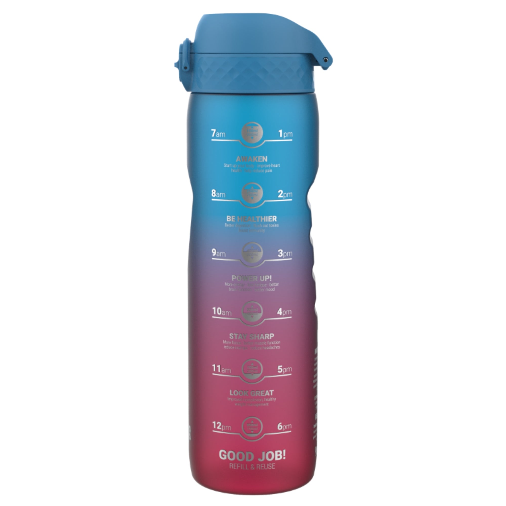 Bidon z miarką motywacyjną Ion8 Motivator 1L Blue/PInk Gradient– z miarką, otwierany jednym kliknięciem, szczelny i bez BPA.