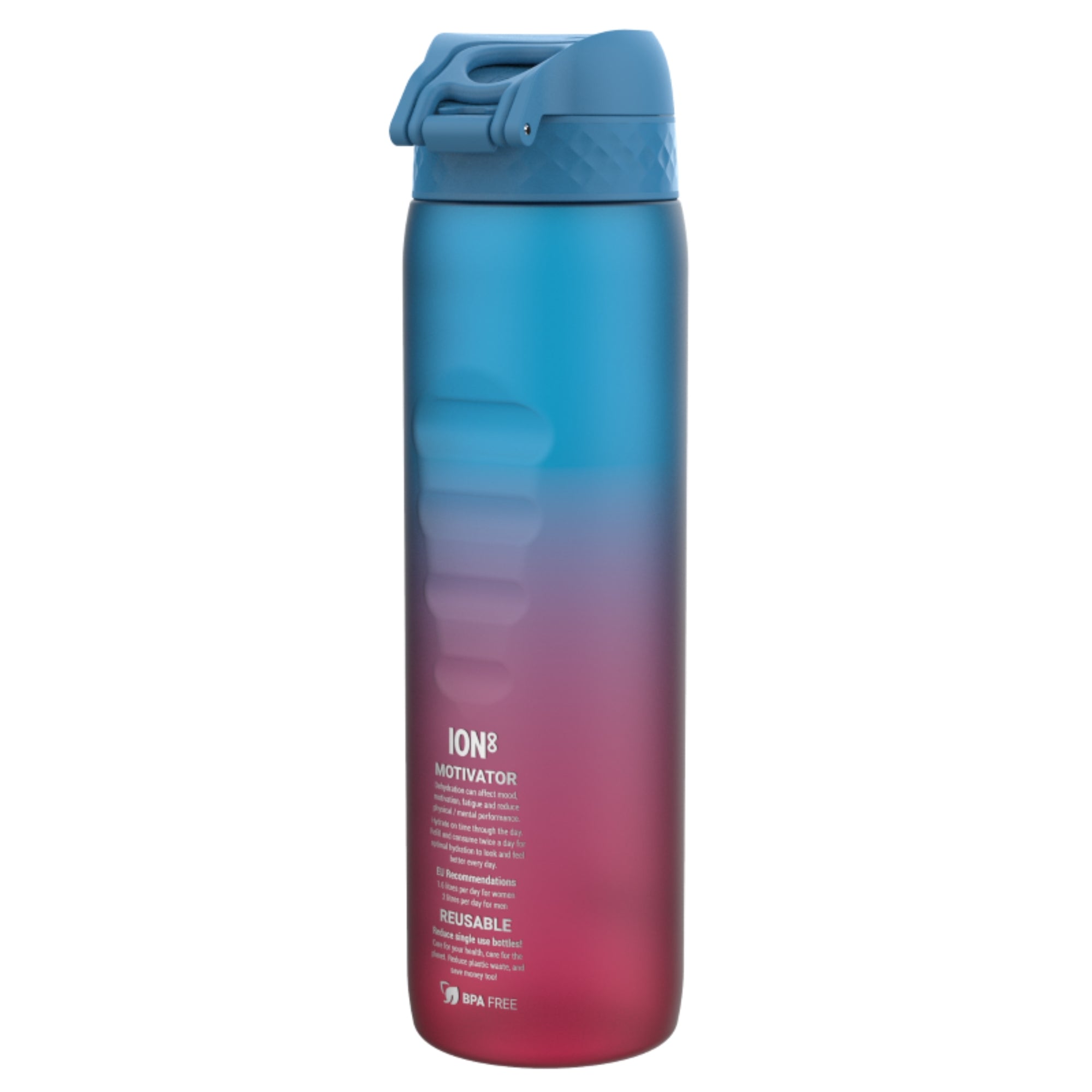 Bidon z miarką motywacyjną Ion8 Motivator 1L Blue/PInk Gradient– z miarką, otwierany jednym kliknięciem, szczelny i bez BPA.