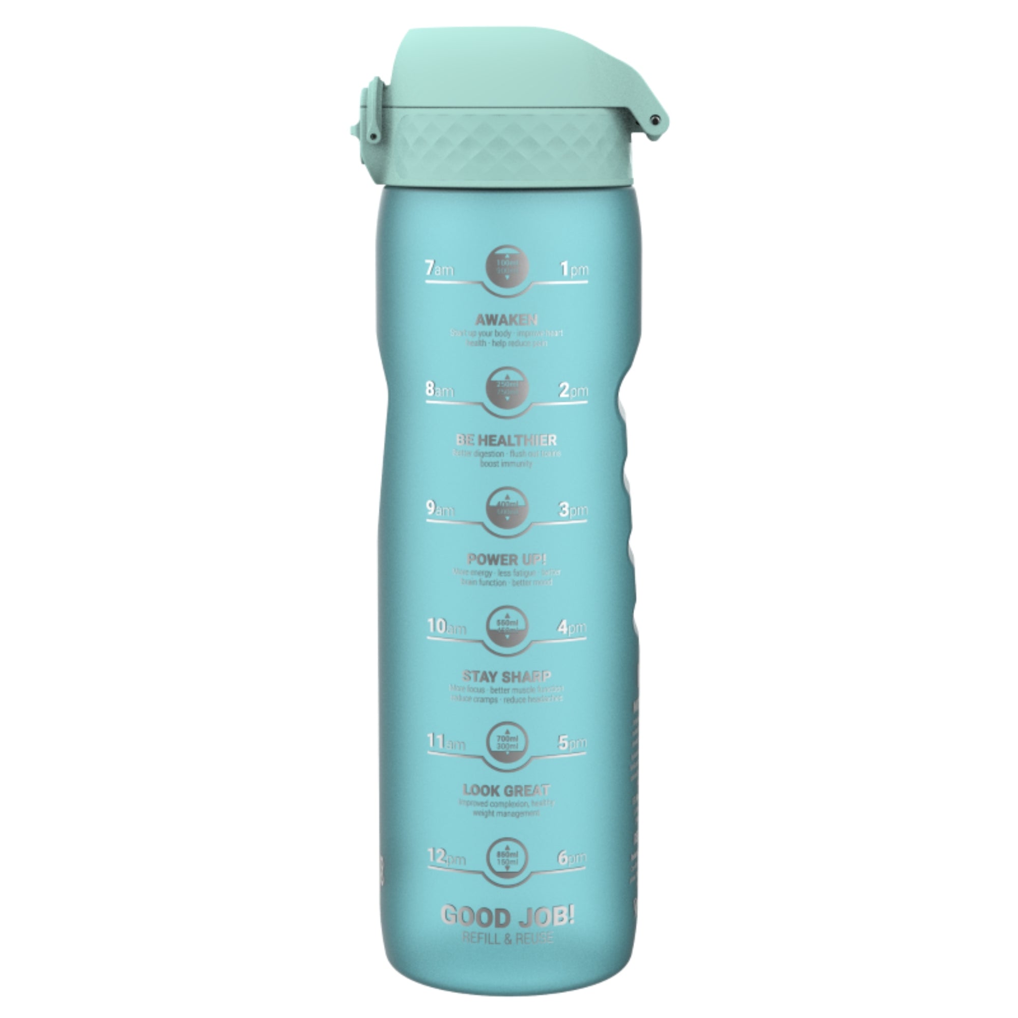 Bidon z miarką motywacyjną Ion8 Motivator Sonic Blue 1L – z miarką, otwierany jednym kliknięciem, szczelny i bez BPA.
