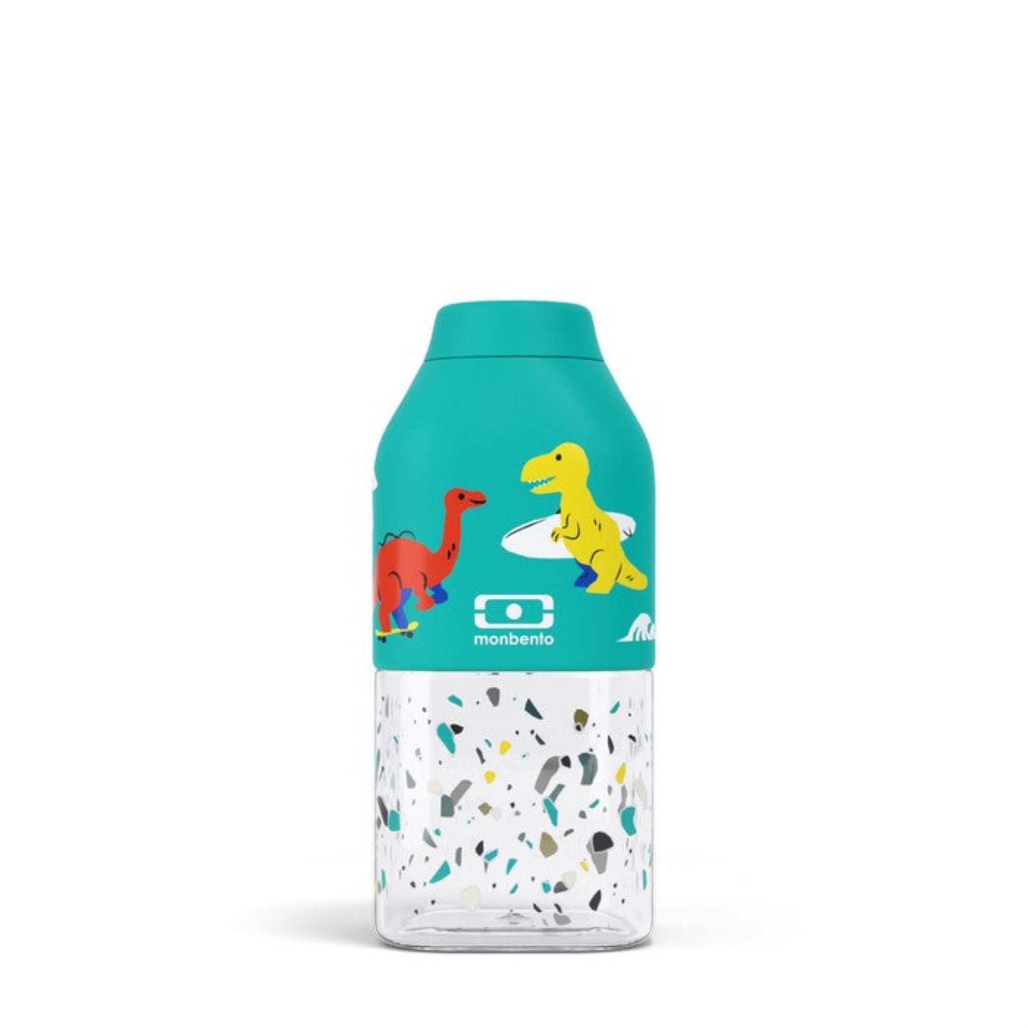 Monbento Positive S Blue Dino – ultralekka butelka 350 ml z tritanu. Trwała, kompaktowa, bez BPA, idealna do torby czy plecaka, wzór: dinozaury