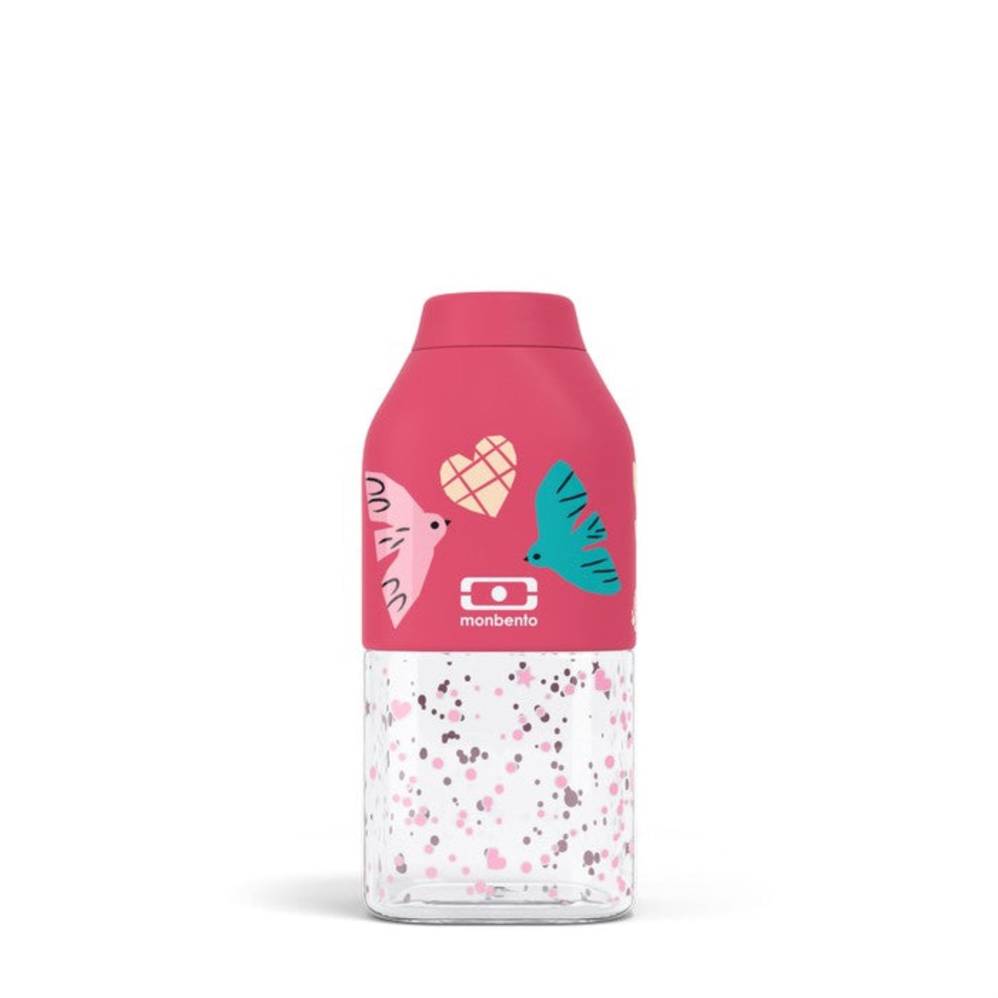 Monbento Positive S Pink Birds – ultralekka butelka 350 ml z tritanu. Trwała, kompaktowa, bez BPA, idealna do torby czy plecaka, wzór: ptaszki