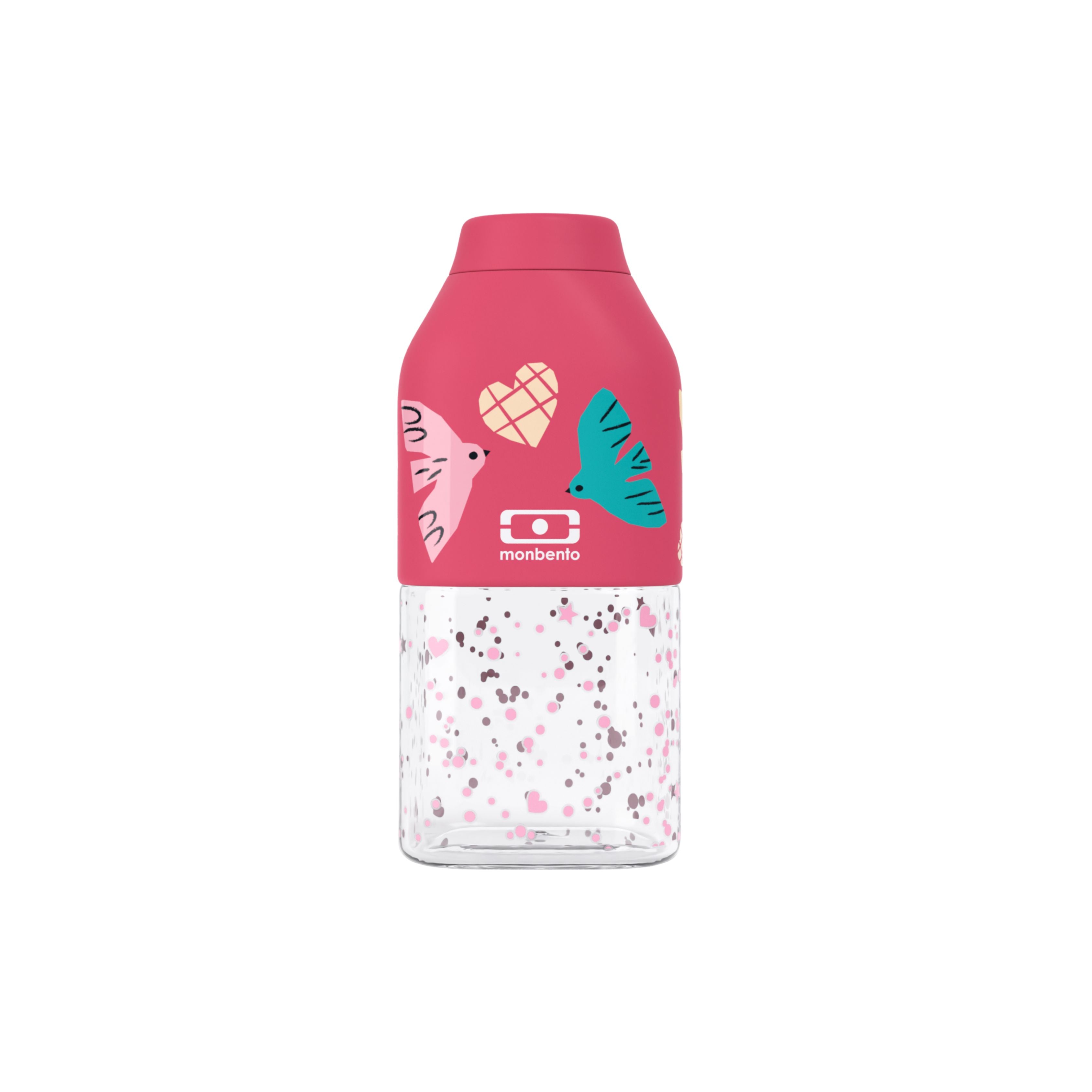 Monbento Positive S Pink Birds – ultralekka butelka 350 ml z tritanu. Trwała, kompaktowa, bez BPA, idealna do torby czy plecaka, wzór: ptaszki