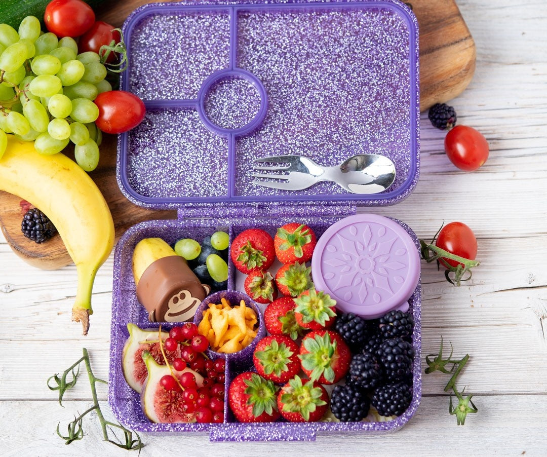 Fioletowy lunchbox z brokatem LekkaBox Glamour do szkoły