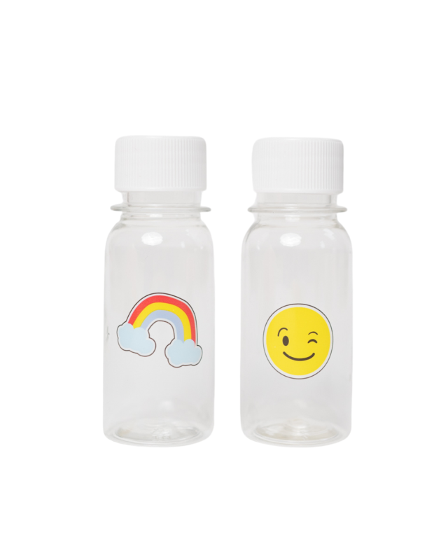 Mini buteleczki Yumbox – kompaktowe, szczelne, do napojów, idealne dla dzieci do szkoły, wzór: tęcza/buźka