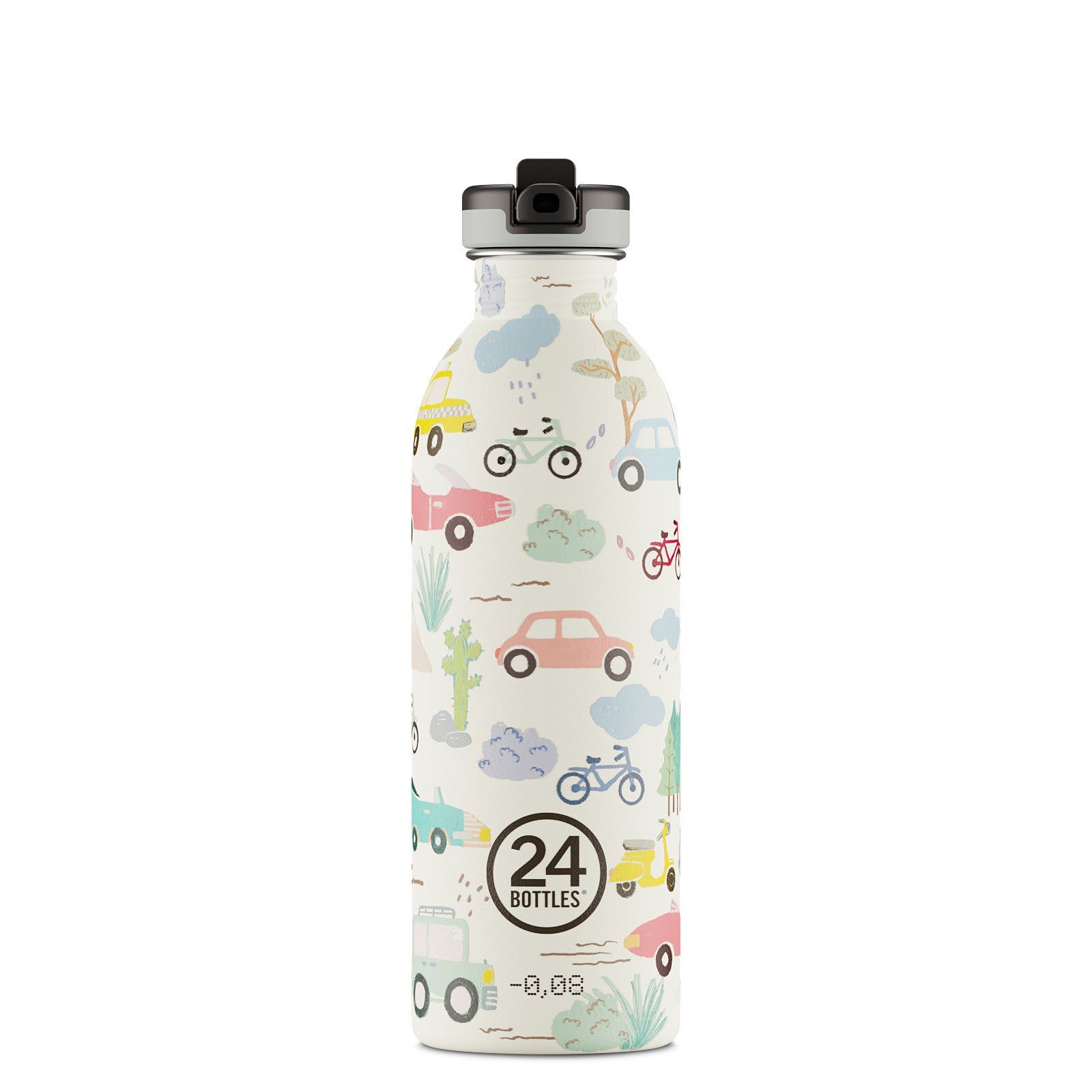 Butelka na wodę dla dzieci 24Bottles Adventure Friends – bezpieczna, lekka i szczelna butelka wielorazowa z matowym wykończeniem, wzór: pojazdy