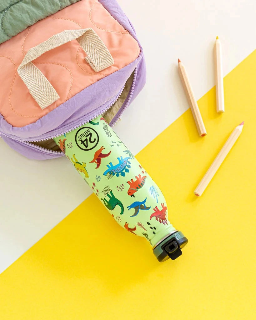 Butelka na wodę dla dzieci 24Bottles Jurassic Friends – bezpieczna, lekka i szczelna butelka wielorazowa z matowym wykończeniem, wzór: dinozaury