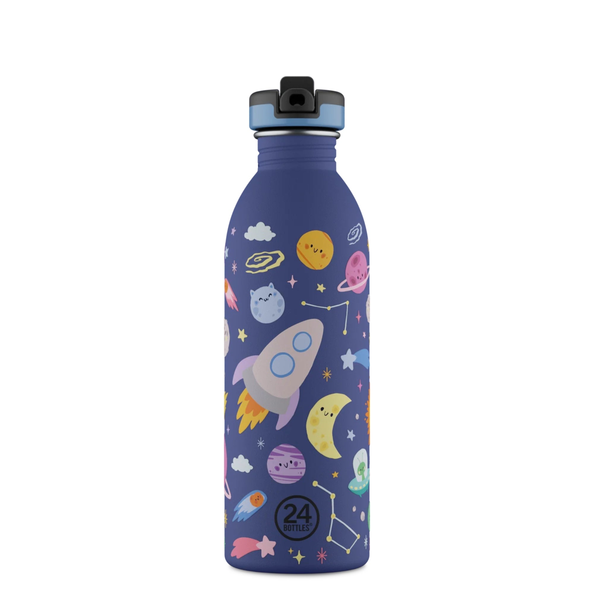 Butelka na wodę dla dzieci 24Bottles Space Friends – bezpieczna, lekka i szczelna butelka wielorazowa z matowym wykończeniem, wzór: kosmos