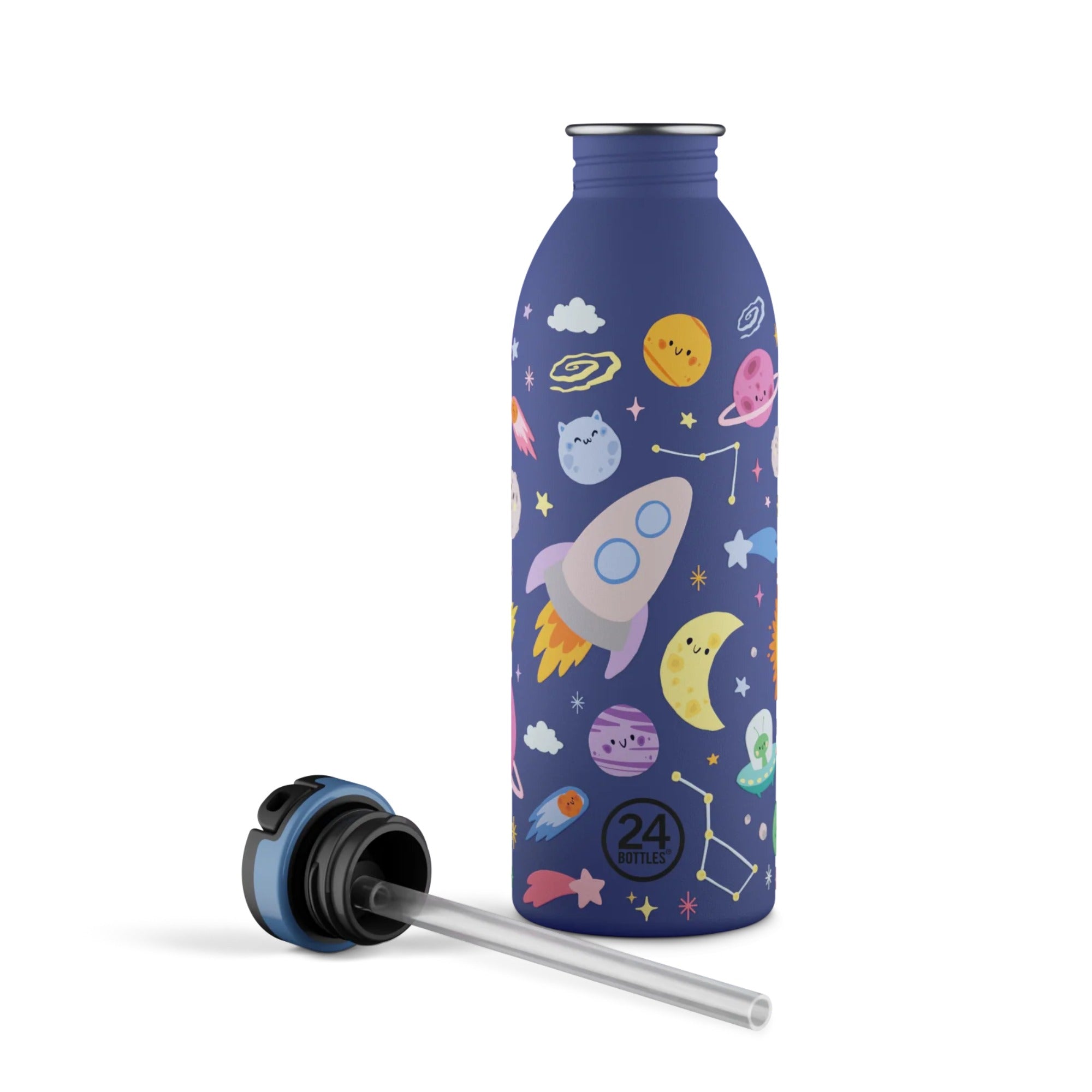 Butelka na wodę dla dzieci 24Bottles Space Friends – bezpieczna, lekka i szczelna butelka wielorazowa z matowym wykończeniem, wzór: kosmos