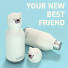 Asobu Bestie Bottle – biała butelka termiczna 460 ml dla dzieci, uroczy wzór niedźwiedzia, słomka, stal nierdzewna, izolacja termiczna.