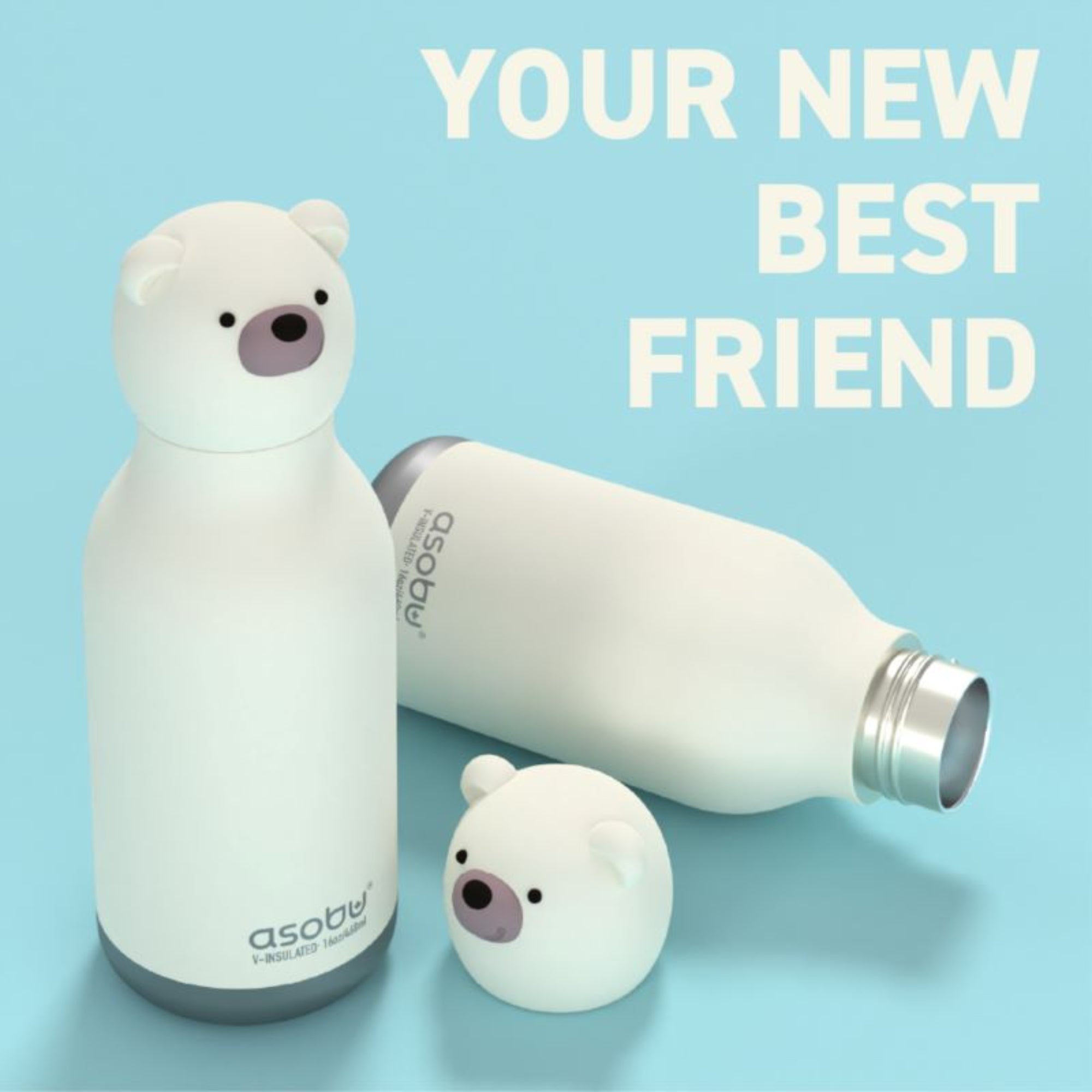Asobu Bestie Bottle – biała butelka termiczna 460 ml dla dzieci, uroczy wzór niedźwiedzia, słomka, stal nierdzewna, izolacja termiczna.